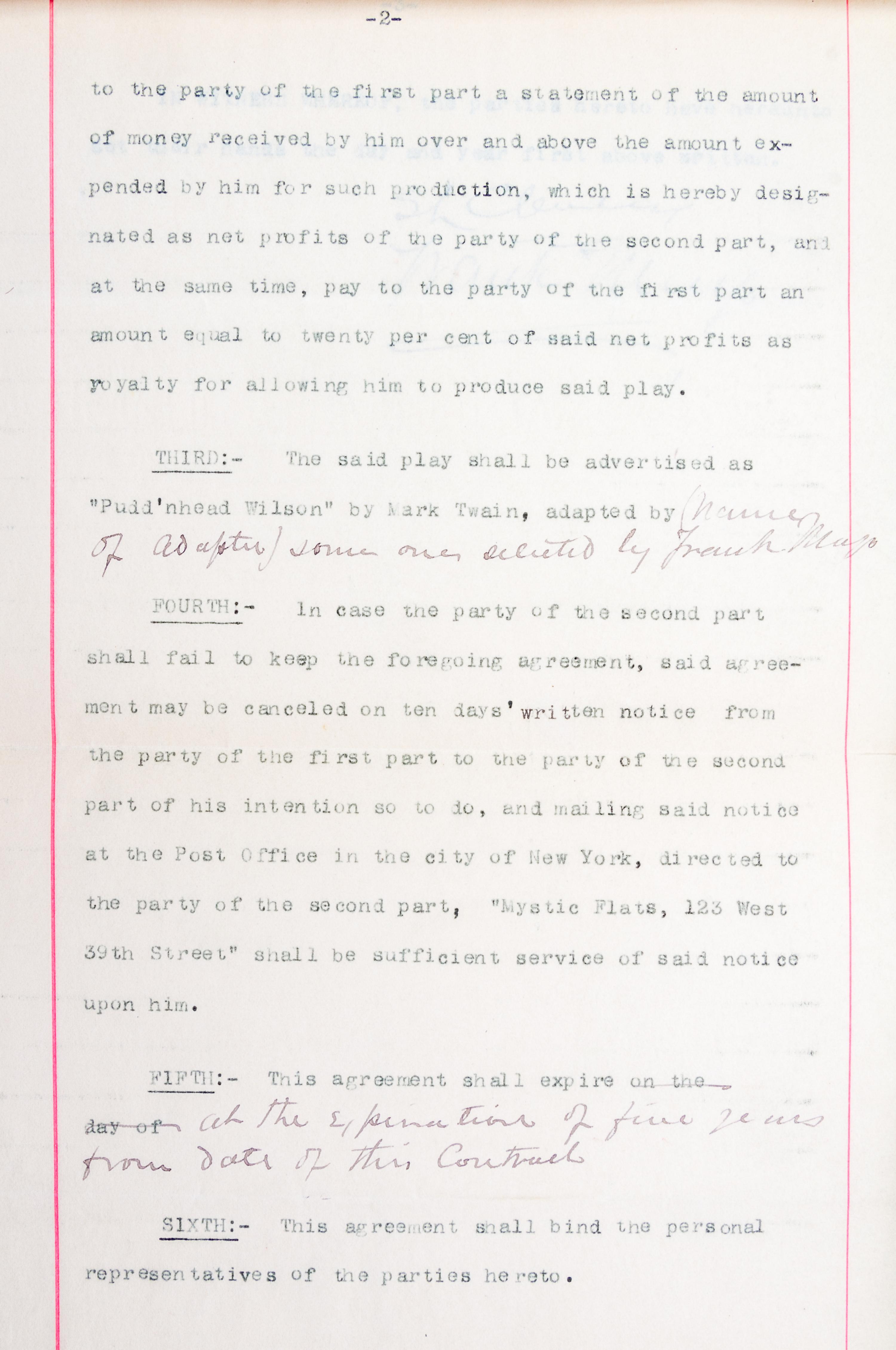 CLEMENS, SAMUEL L. Contract signed for the dramatization of Pudd'nhead Wilson. With a first edition.