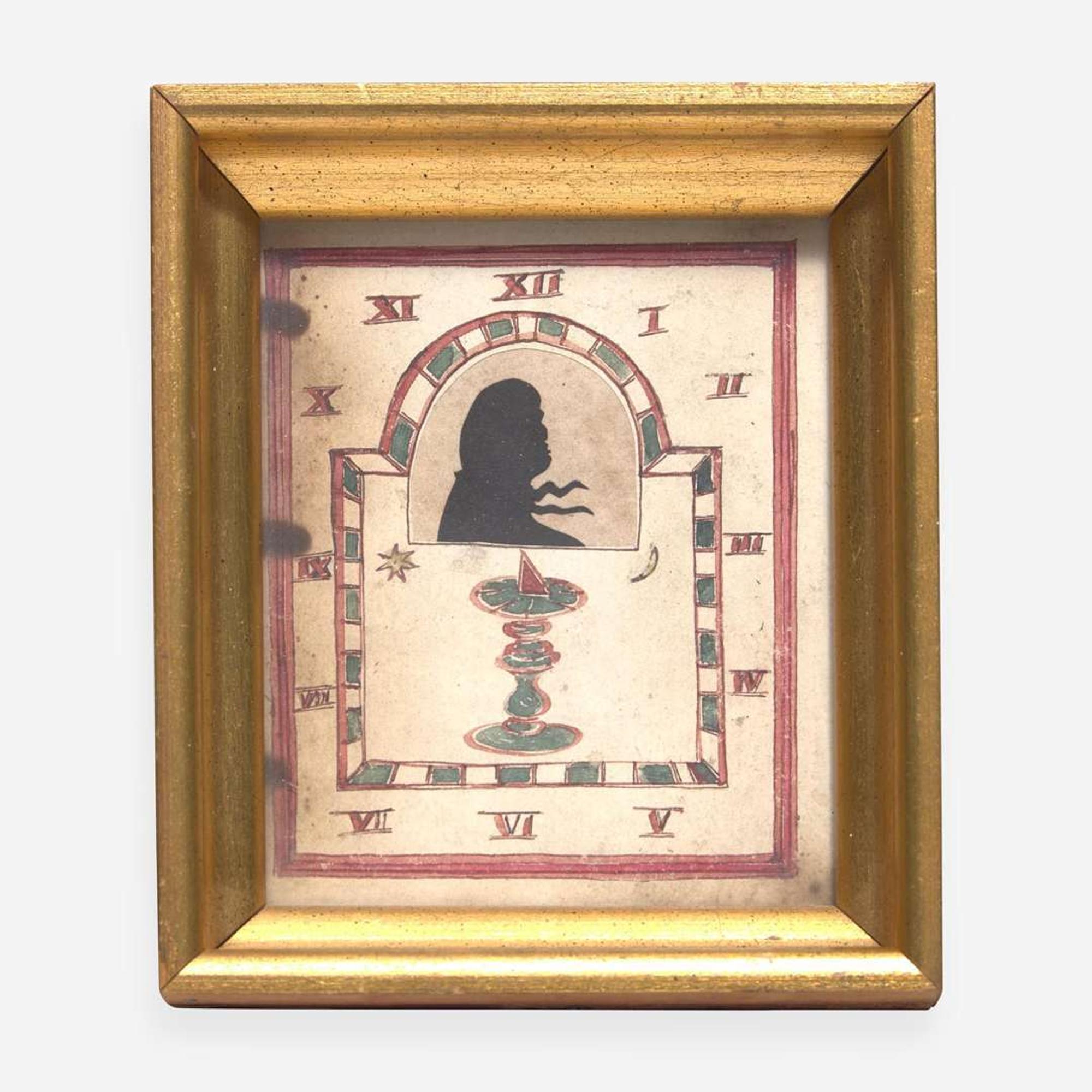 American School 19th century Drawing of Clock Face with Silhouette Portrait of a Gentleman