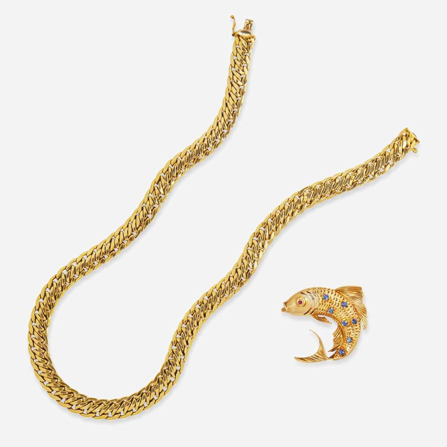 A 14K Yellow Gold and Gemstone Brooch and 14K Yellow Gold Chain