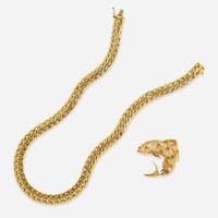 A 14K Yellow Gold and Gemstone Brooch and 14K Yellow Gold Chain