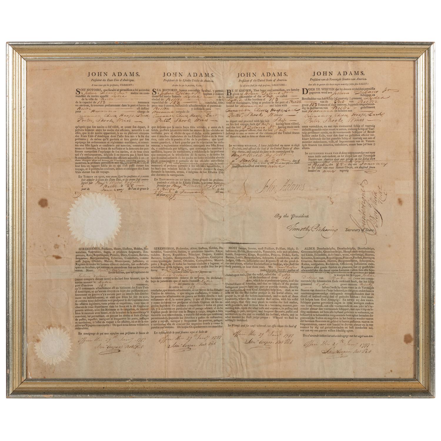 ADAMS, John (1735-1826). Partly printed document signed (“John Adams”), as President, countersigned by Timothy Pickering as Secretary of State, 1799.