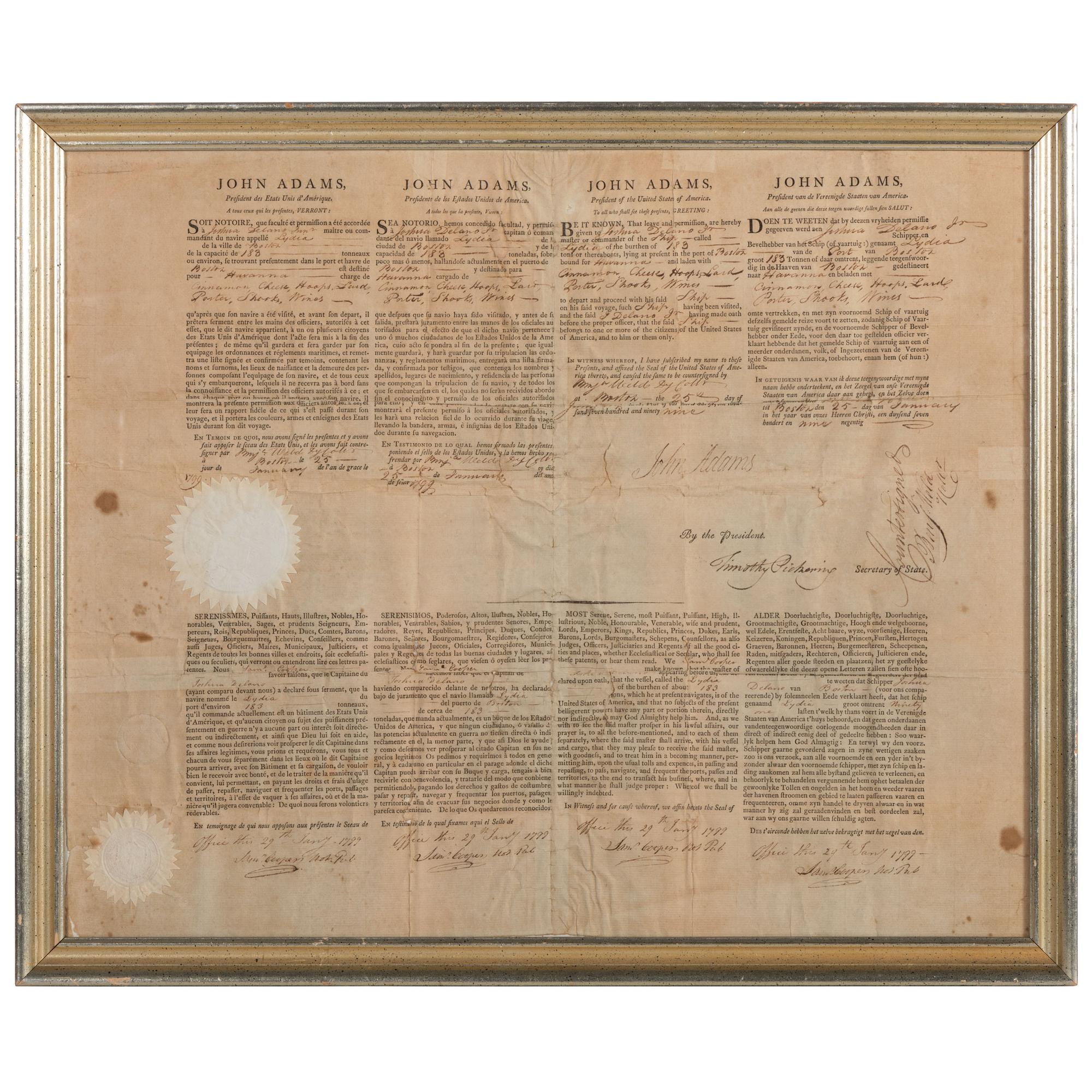 ADAMS, John (1735-1826). Partly printed document signed (“John Adams”), as President, countersigned by Timothy Pickering as Secretary of State, 1799.