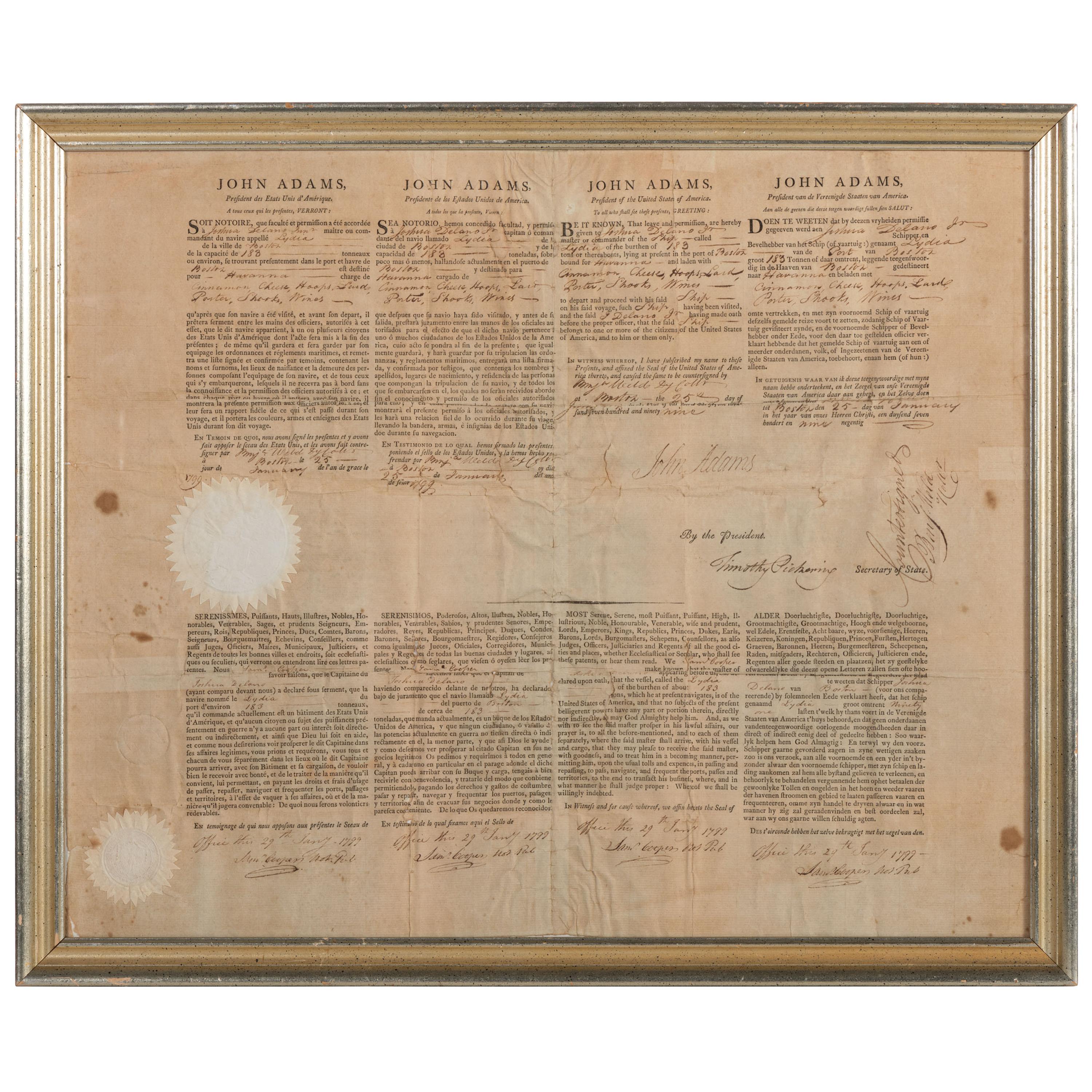 ADAMS, John (1735-1826). Partly printed document signed (“John Adams”), as President, countersigned by Timothy Pickering as Secretary of State, 1799.