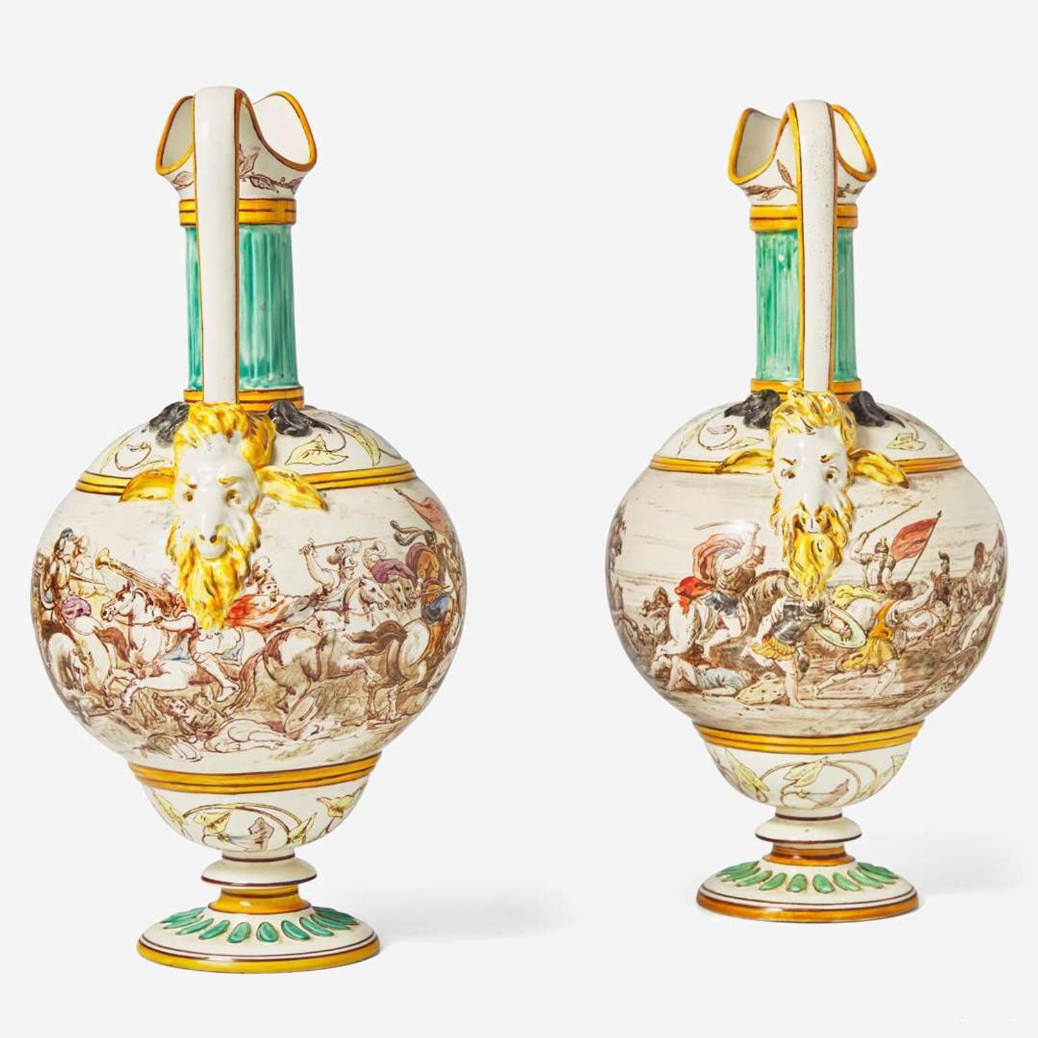 A Pair of Emile Lessore Decorated Wedgwood Queensware Ewers UK, 1860s