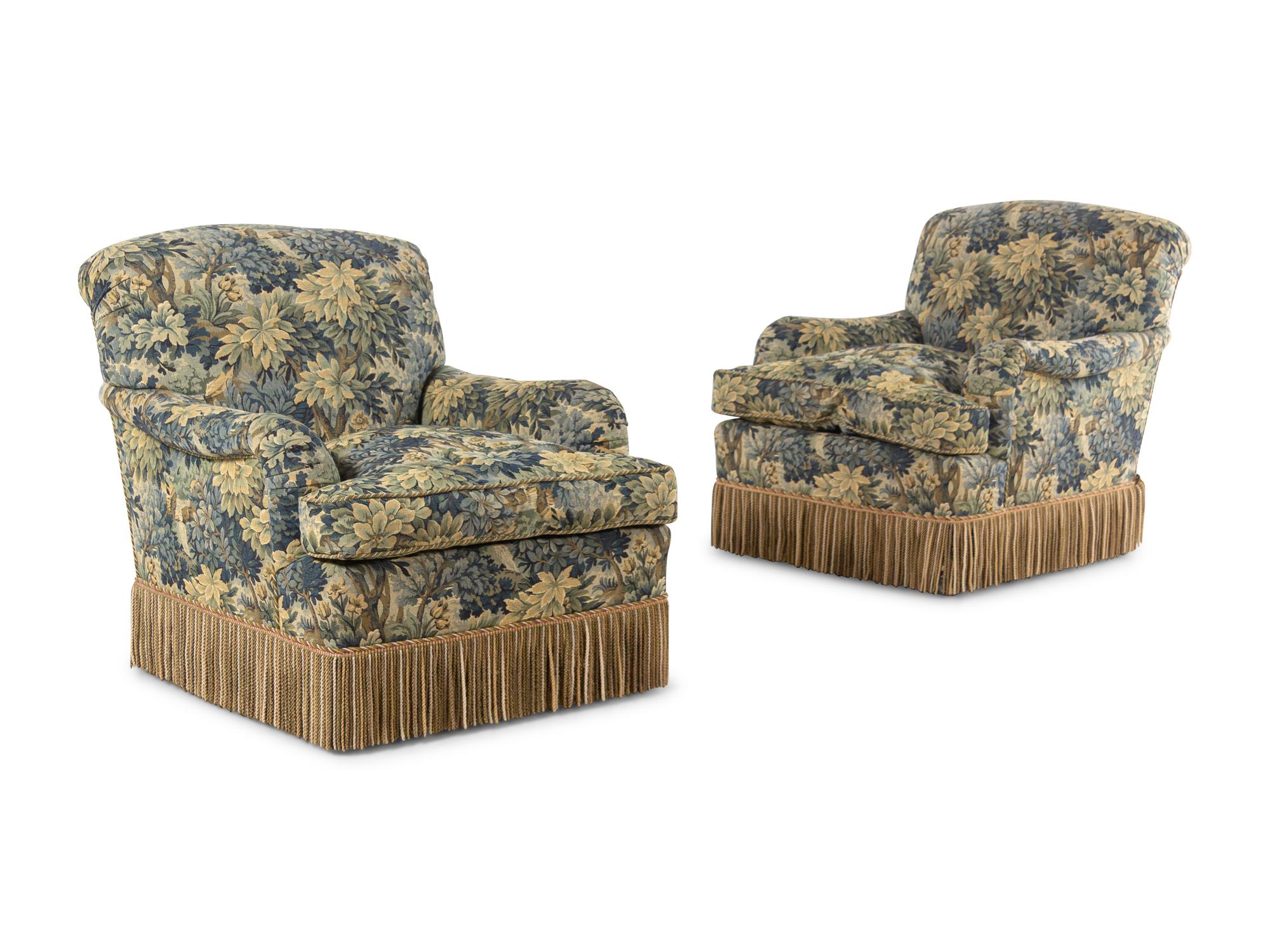 A Pair of Custom Armchairs with Verdure Upholstery and Bullion Fringe