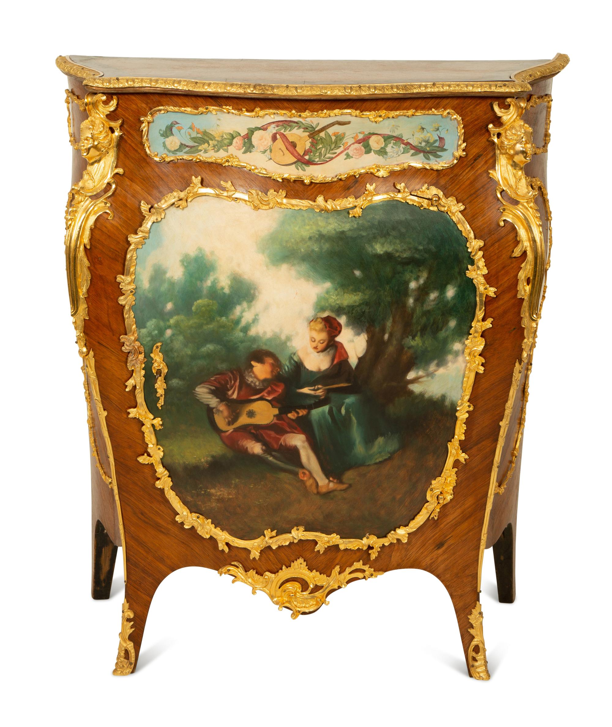 A Louis XV Style Gilt Bronze Mounted Kingwood and Painted Panel-Inset Cabinet — 20TH CENTURY