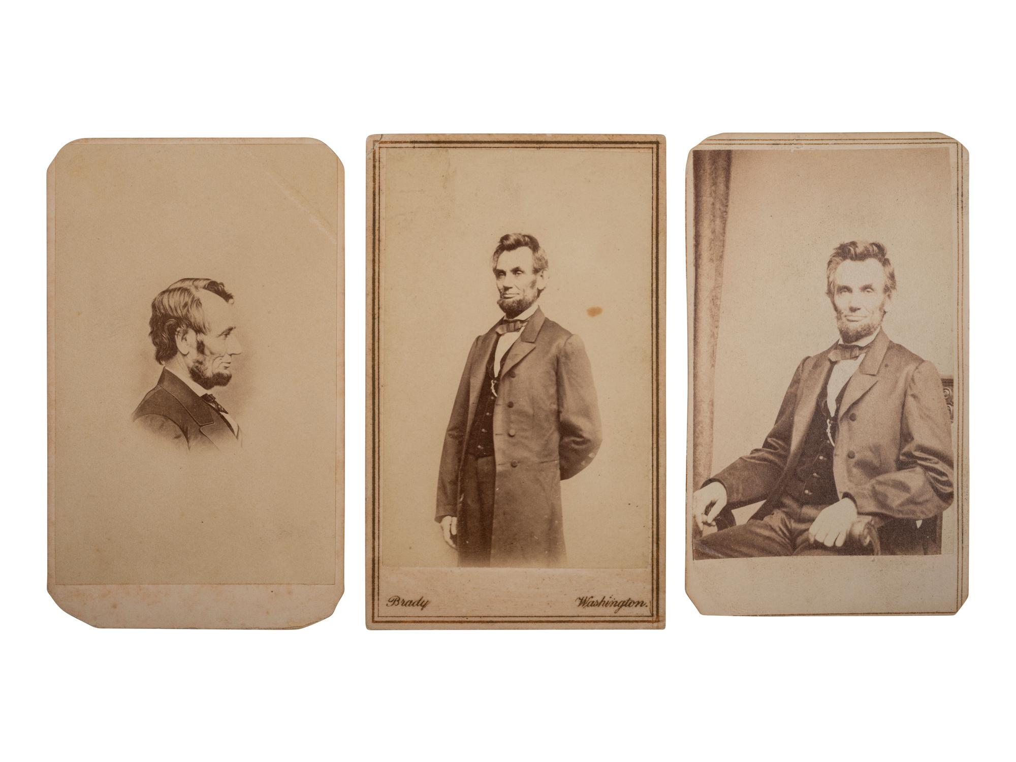 [LINCOLN, Abraham (1809-1865)]. 3 CDVs of Lincoln taken by Brady and Berger. January and February 1864.