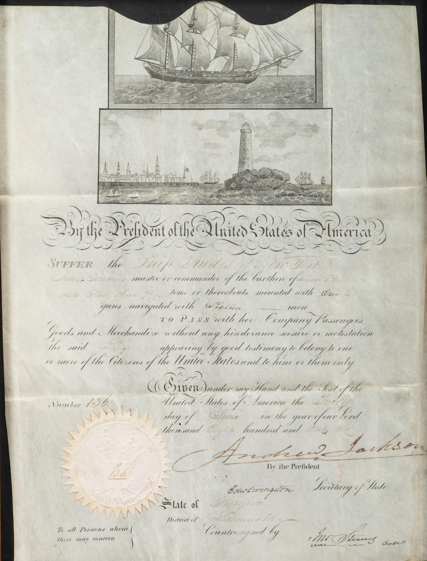 JACKSON, Andrew (1767-1845). Document signed ("Andrew Jackson"), as President of the United States. [Washington, D.C.?], 12 June 1832.