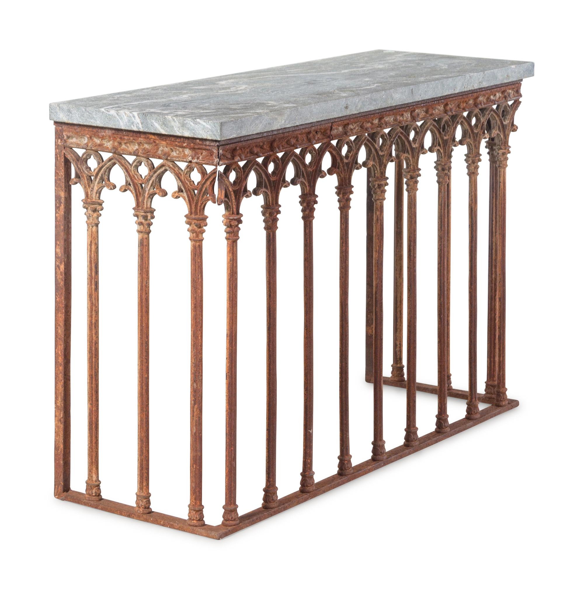 A Pair of Gothic Revival Iron Marble-Top Garden Tables