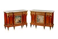 A Pair of Louis XVI Style Gilt Bronze and Porcelain Mounted Marble-Top Cabinets