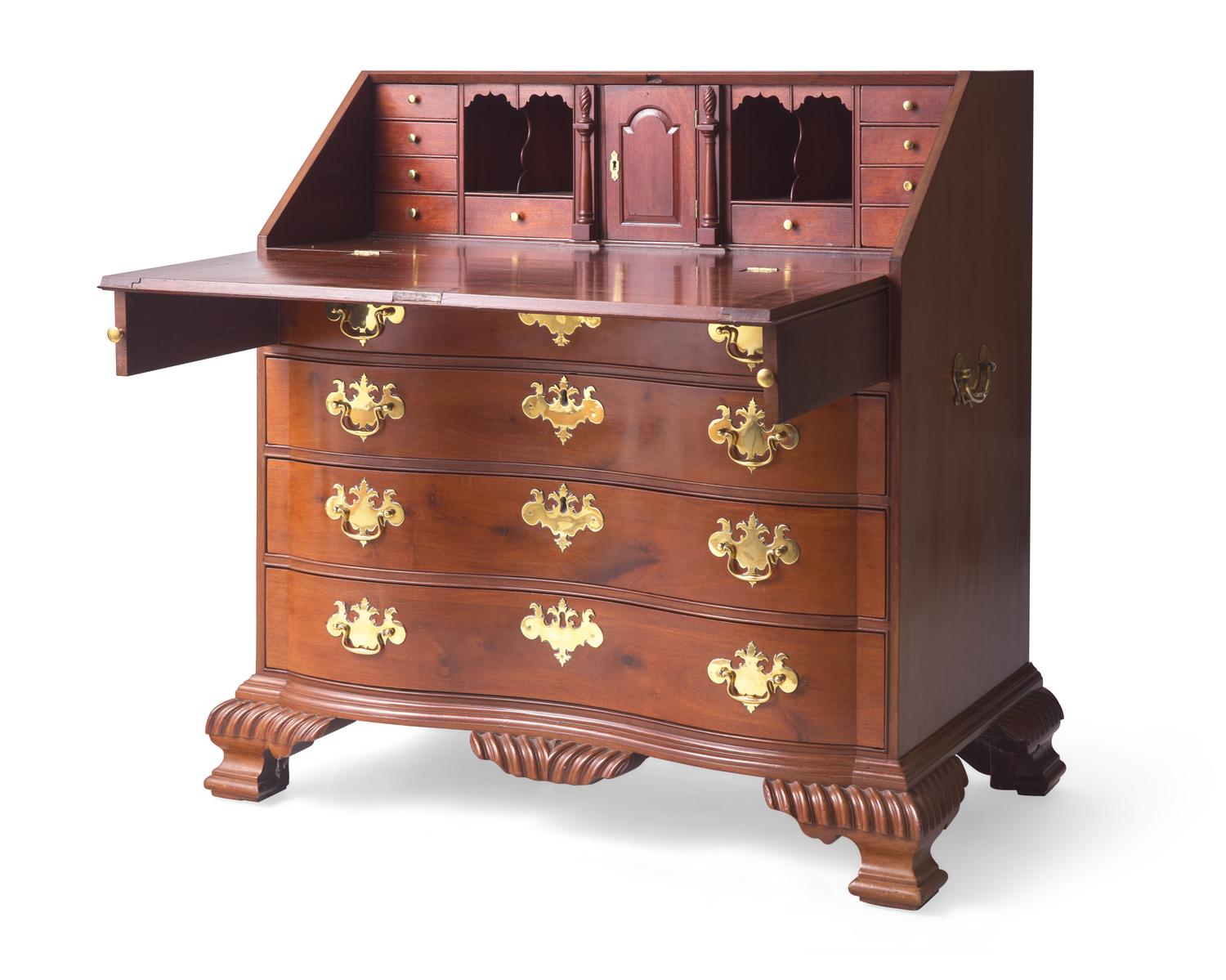 A Chippendale Carved Mahogany Reverse-Serpentine Slant-Front Desk, Attributed to William King (b. 1754 - after 1806) Salem, MA, Circa 1785