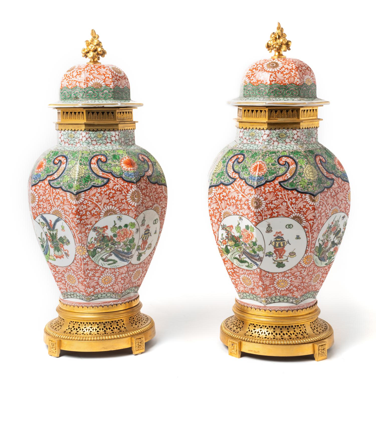 A Pair of French Gilt Bronze Mounted Chinese Porcelain Covered Vases