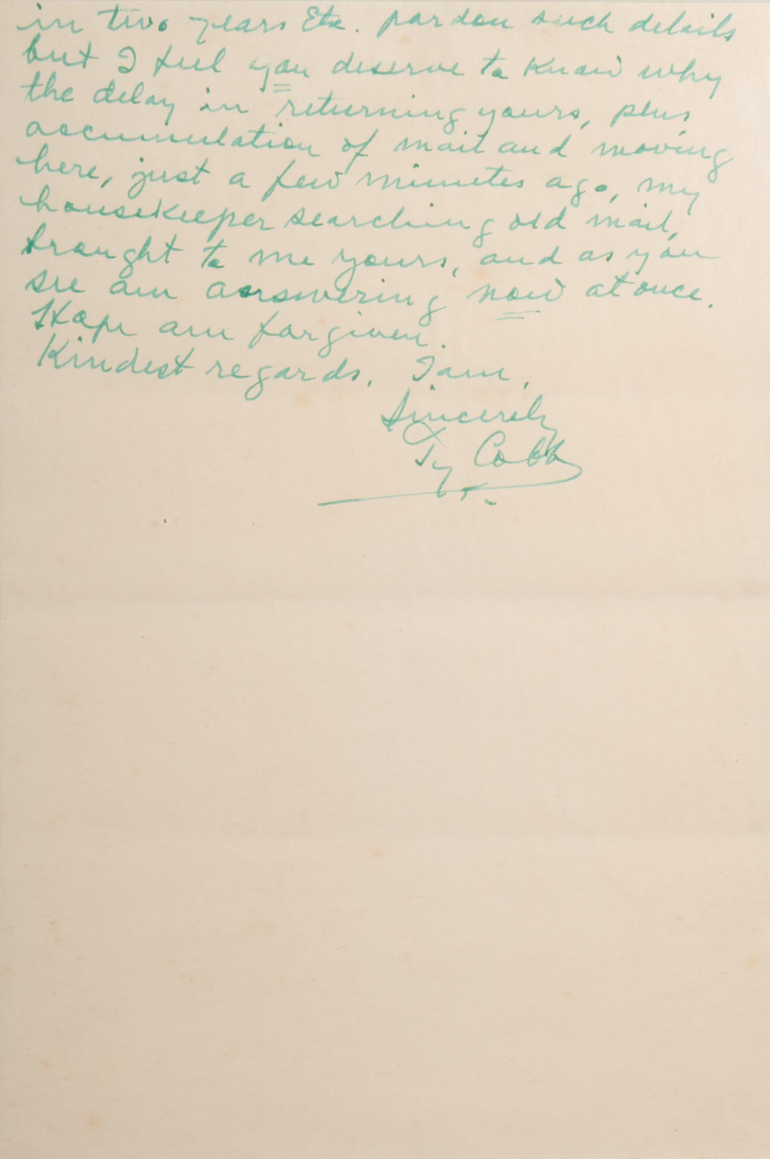 A Ty Cobb Hand Written and Signed Two-Page Letter Dated April 10, 1959 With Apology and Extraordinary Personal Content (BAS Beckett Authentication Services Certified),