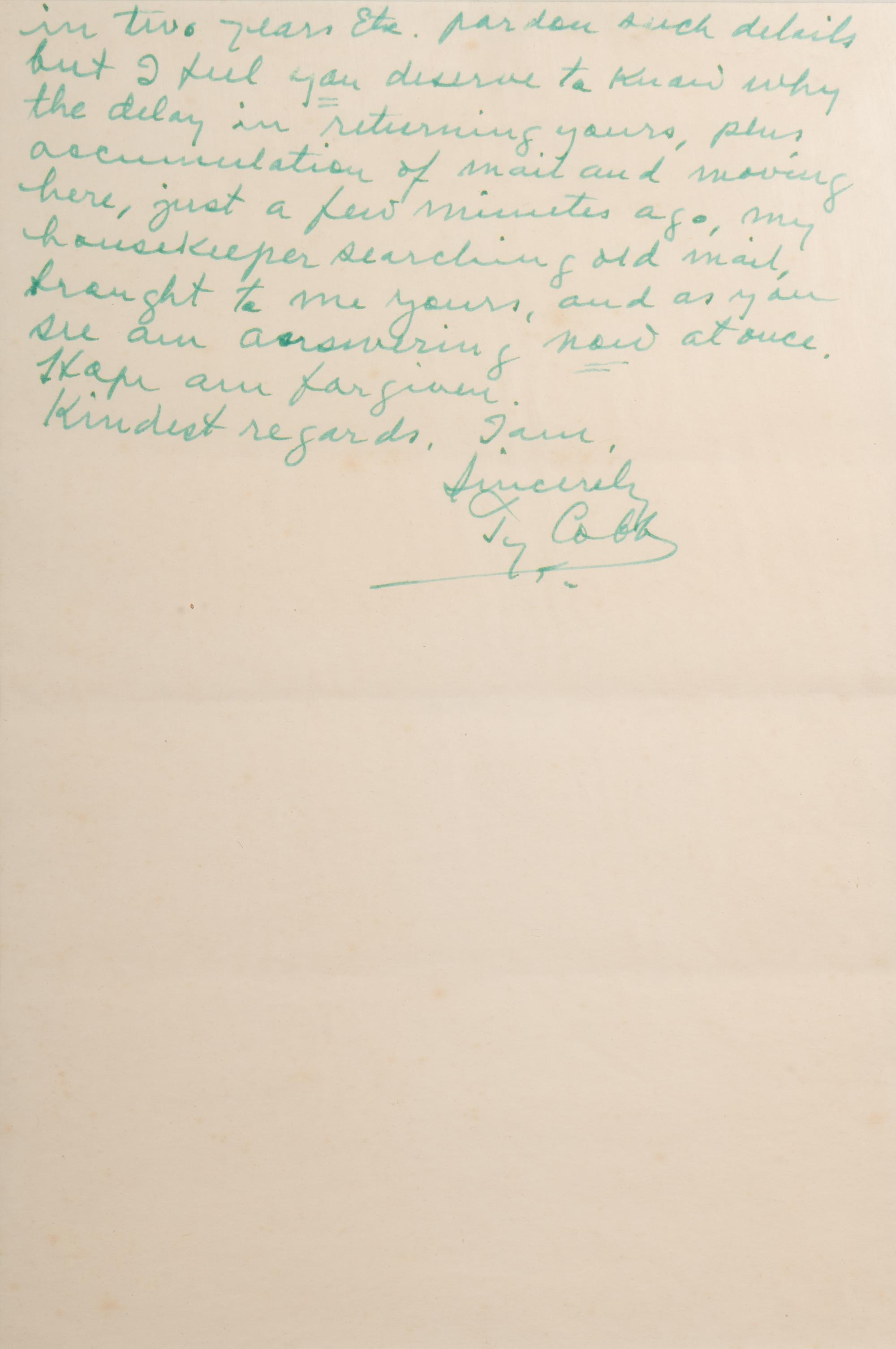 A Ty Cobb Hand Written and Signed Two-Page Letter Dated April 10, 1959 With Apology and Extraordinary Personal Content (BAS Beckett Authentication Services Certified),