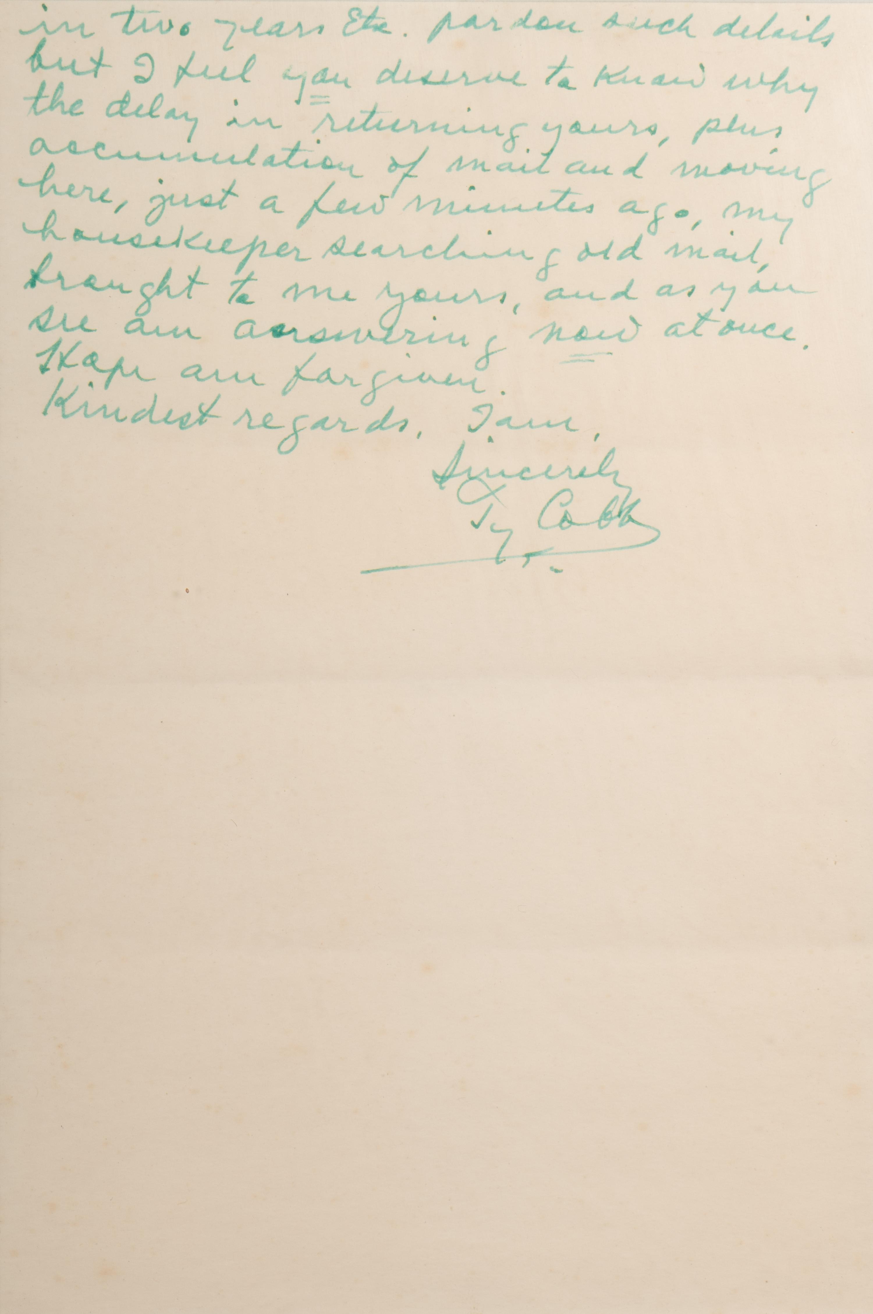 A Ty Cobb Hand Written and Signed Two-Page Letter Dated April 10, 1959 With Apology and Extraordinary Personal Content (BAS Beckett Authentication Services Certified),