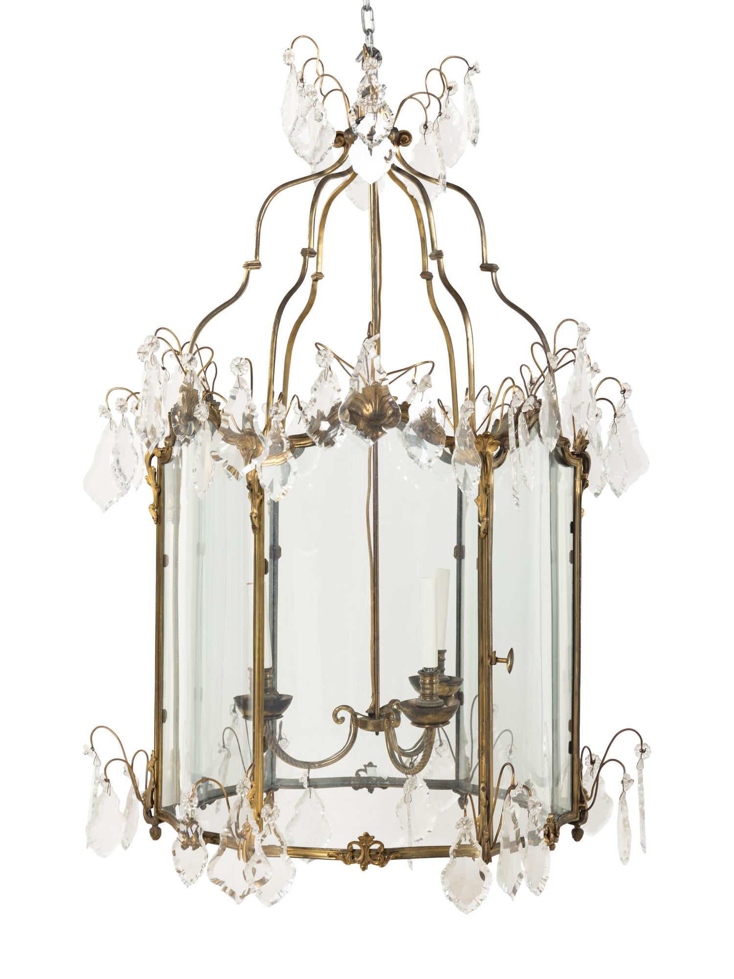 A Large French Gilt Bronze and Glass Hall Lantern