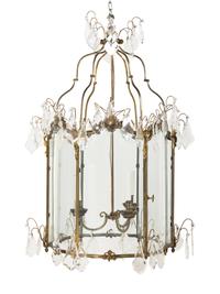 A Large French Gilt Bronze and Glass Hall Lantern