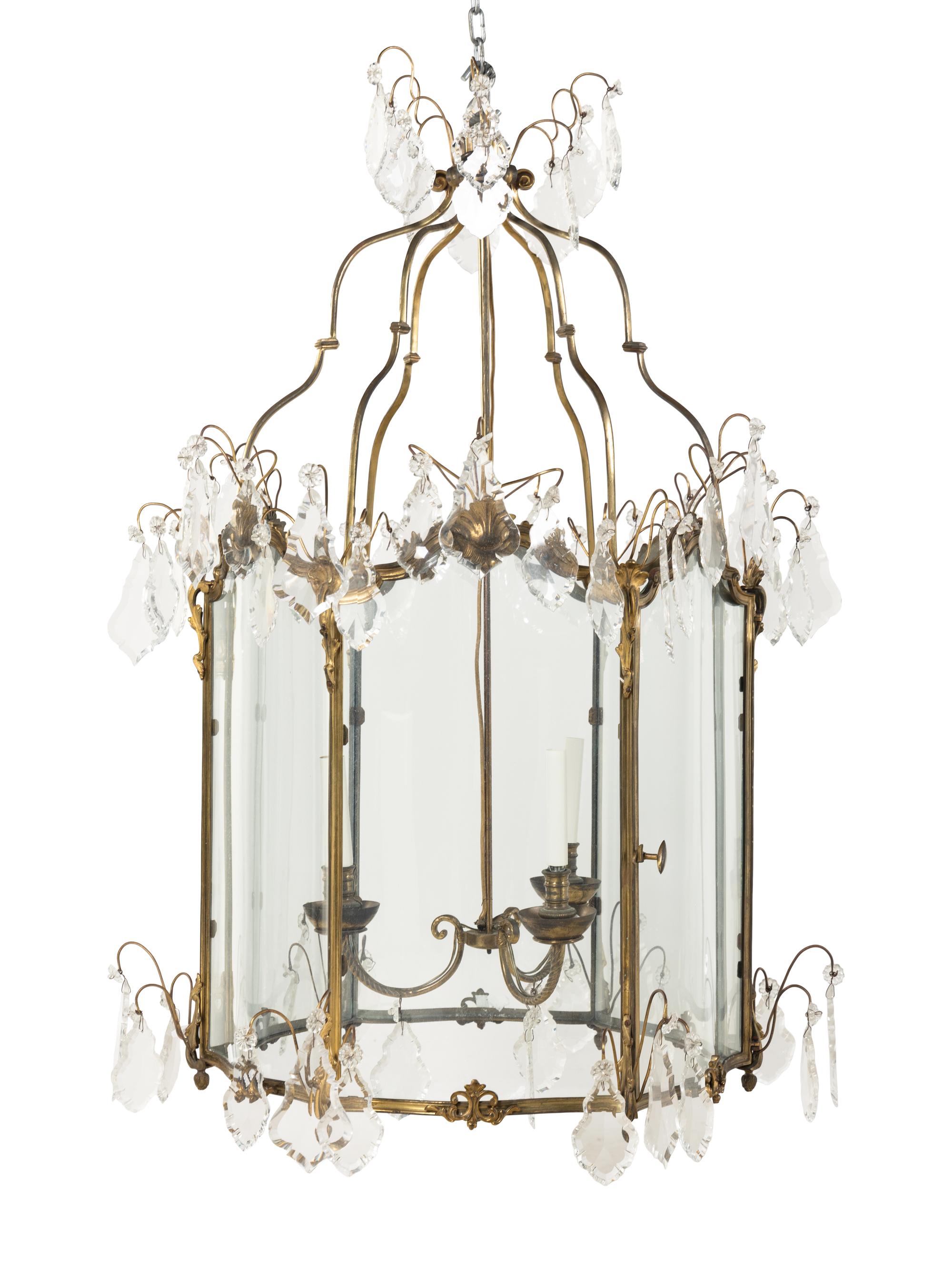 A Large French Gilt Bronze and Glass Hall Lantern