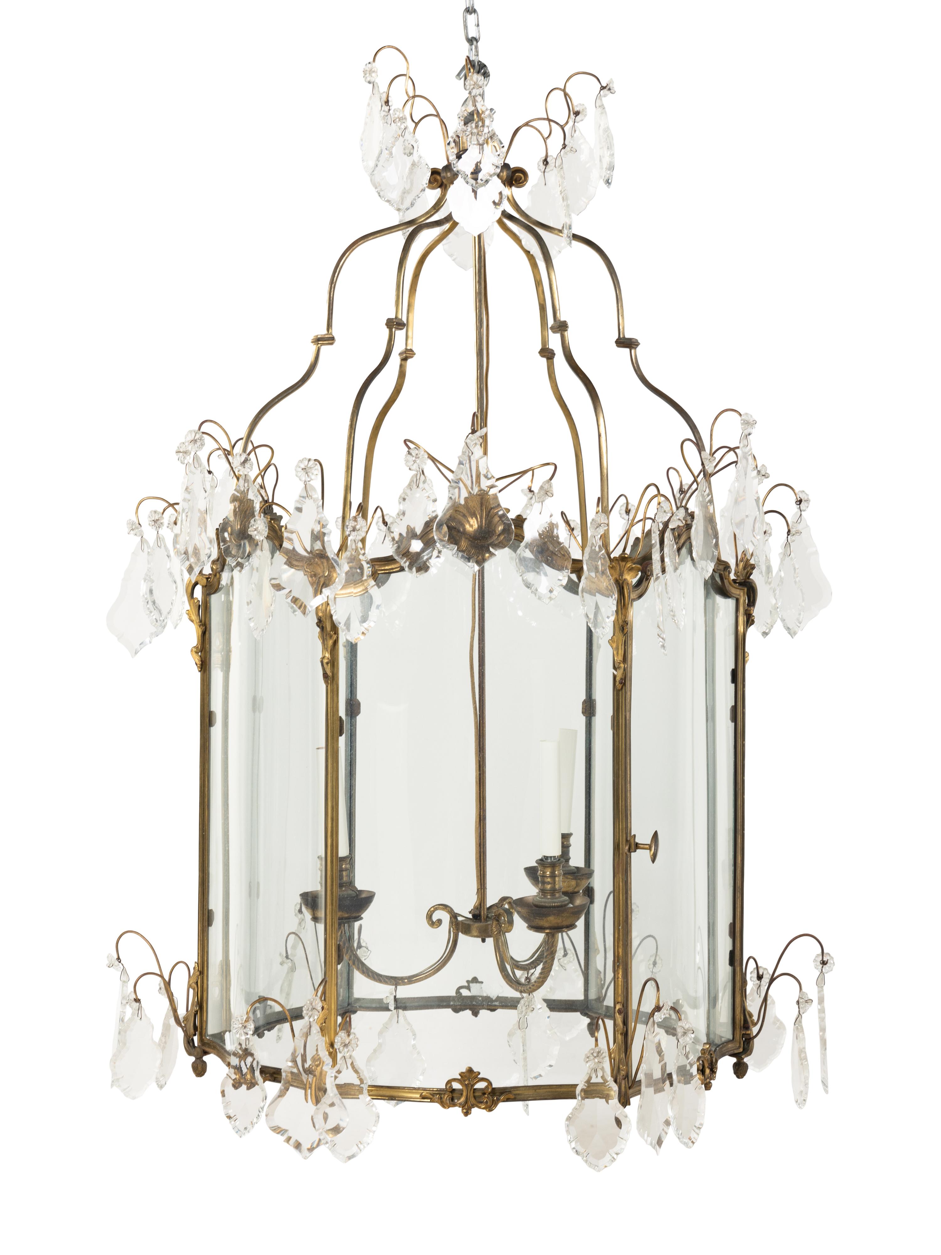 A Large French Gilt Bronze and Glass Hall Lantern
