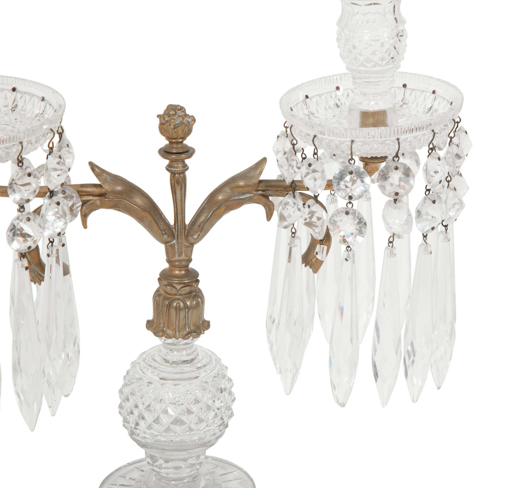 A Pair of Regency Style Gilt Bronze and Cut Glass Two-Light Candelabra