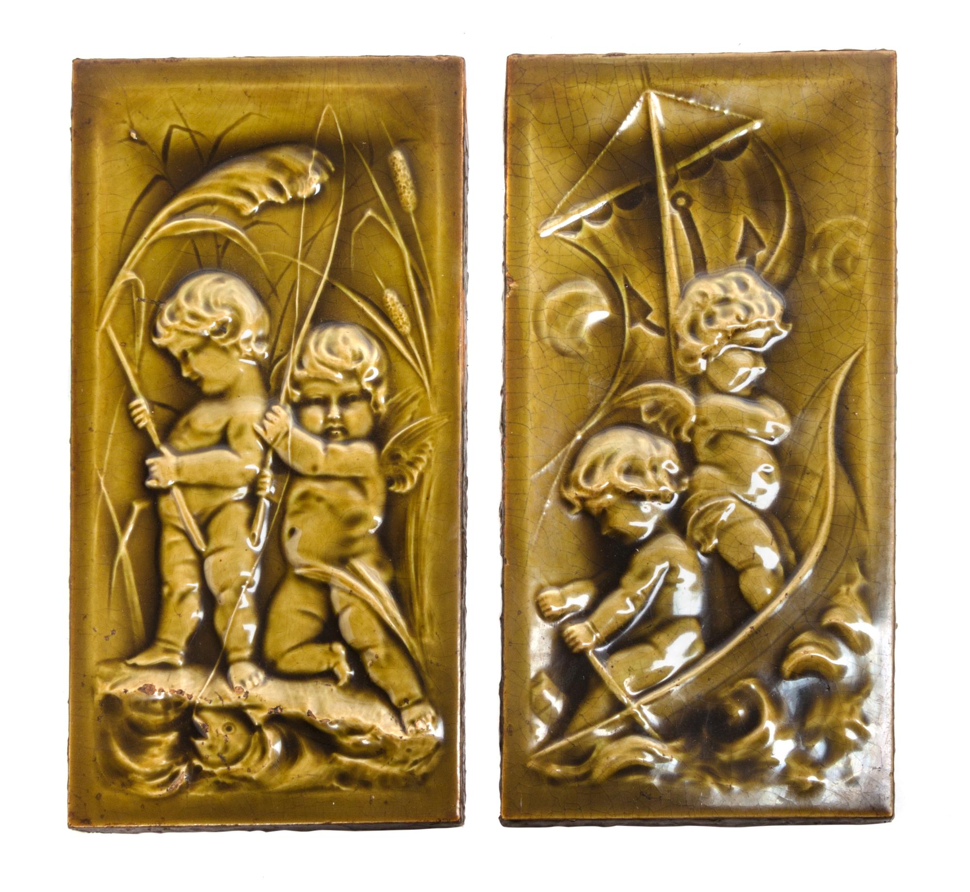 Four Pottery Tiles Height of taller pair 12 inches.