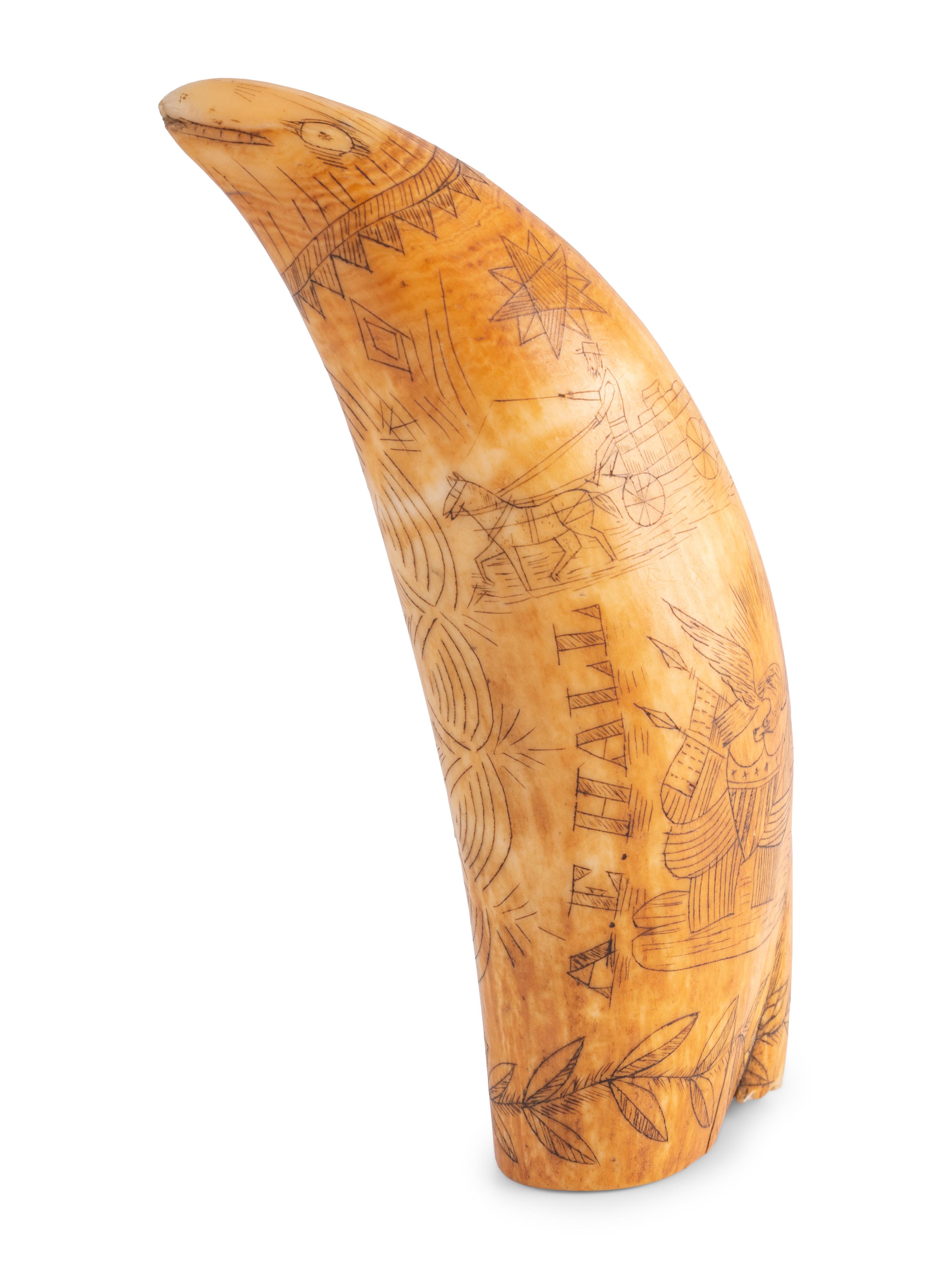 A Scrimshaw Tooth with Patriotic Decoration, Signed A.E. Hall