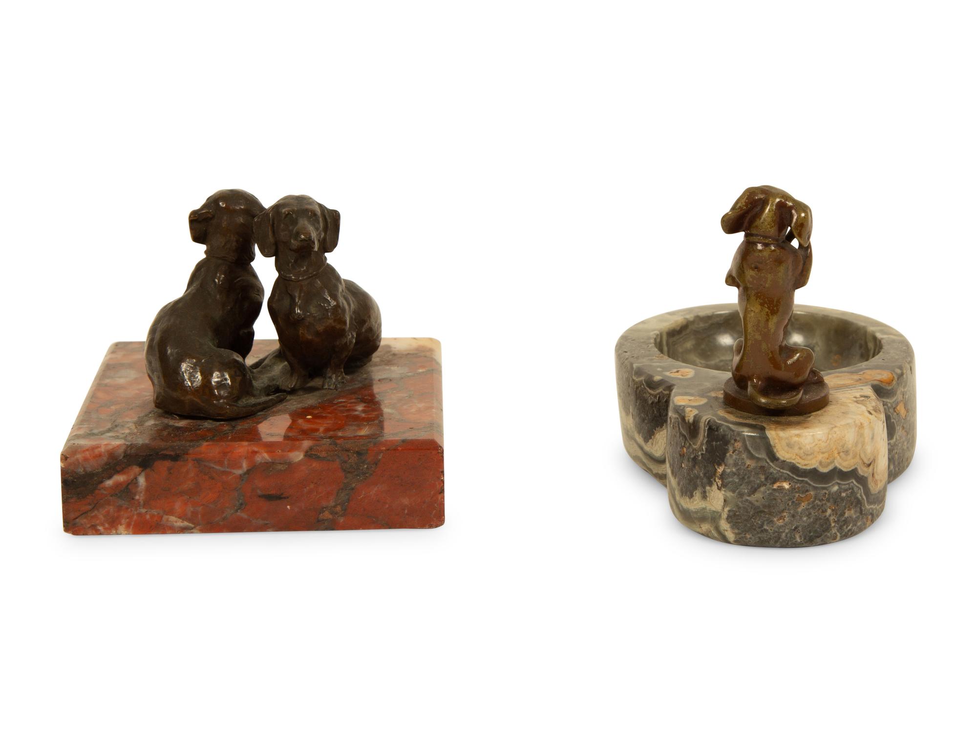 Two Continental Bronze and Marble Dachsund-Themed Desk Accessories