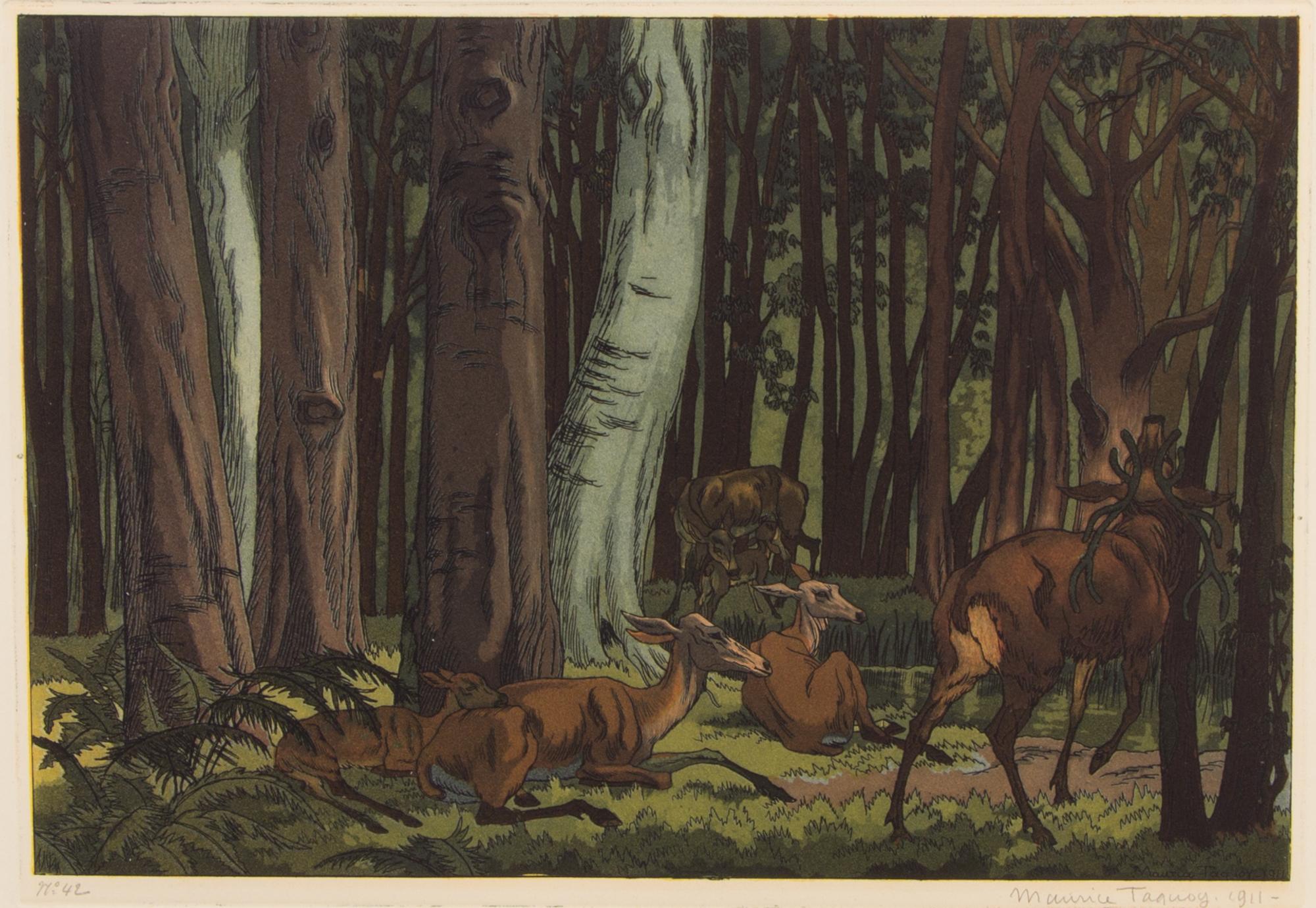 Maurice Taquoy, (French, 1878-1952), Deer Resting in a Forest at Dark, 1911
