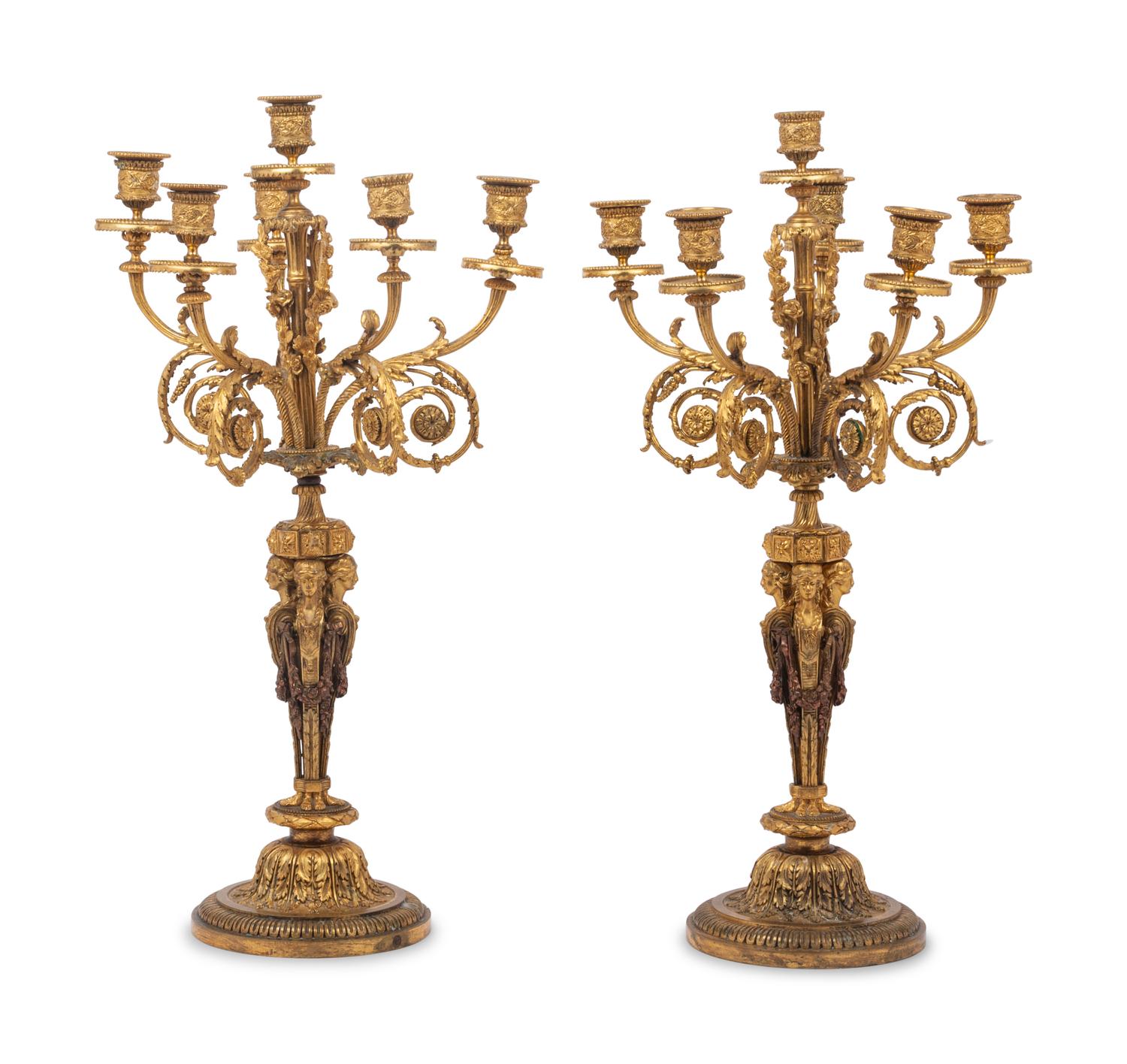 A Pair of French Gilt Bronze Six-Light Candelabra