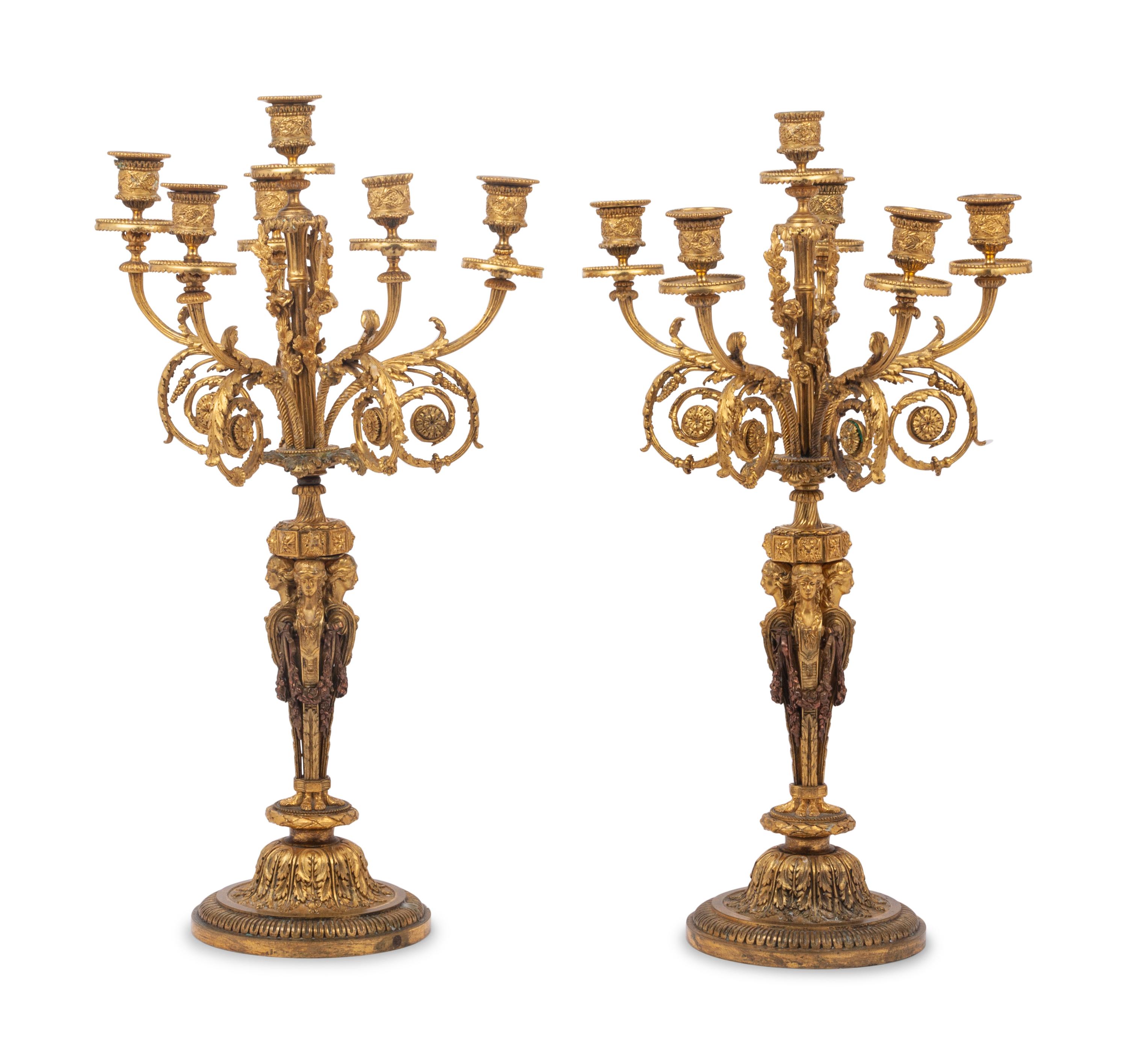 A Pair of French Gilt Bronze Six-Light Candelabra