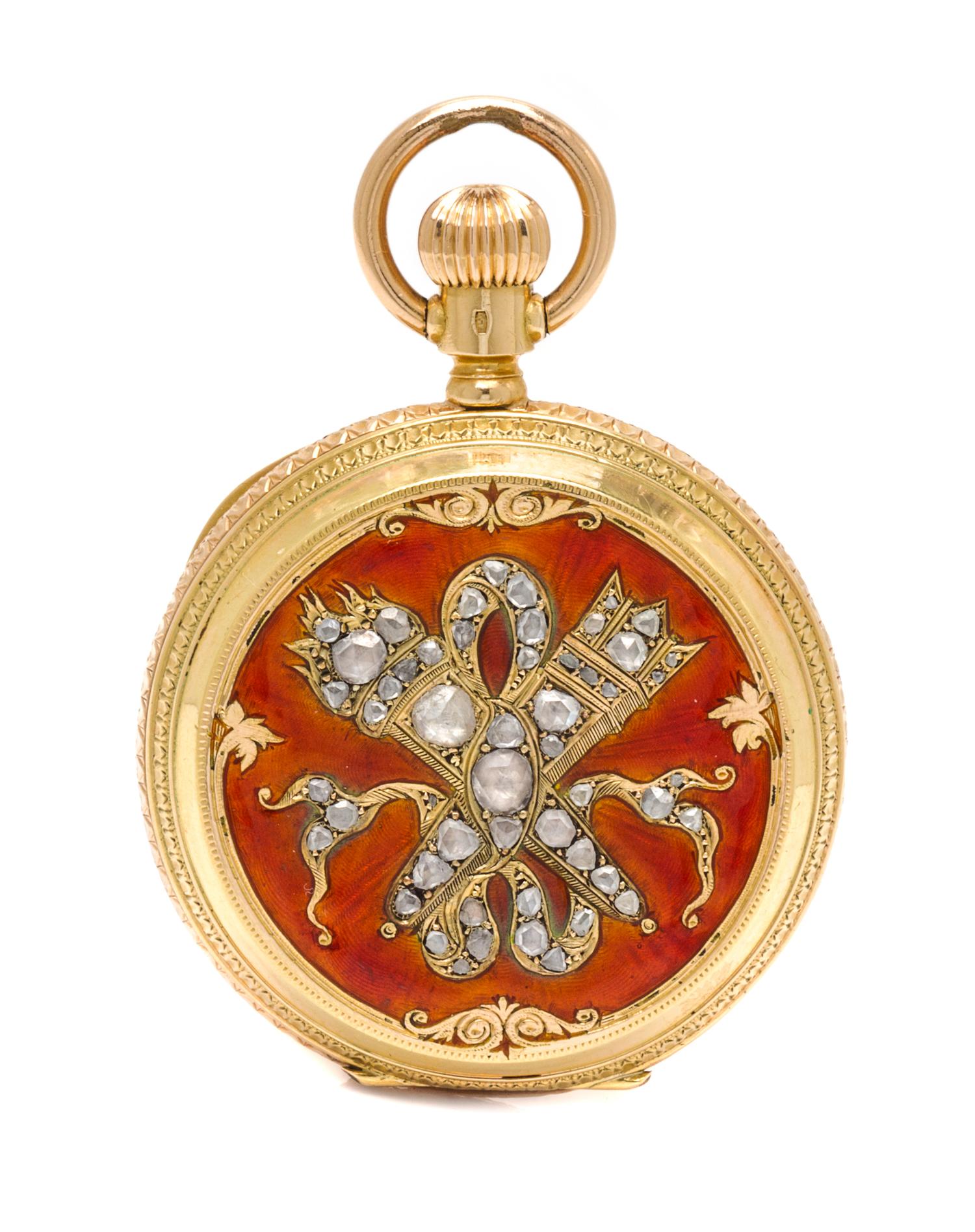An 18 Karat Yellow Gold, Polychrome Enamel and Diamond Hunter Case Pocket Watch for the Ottoman Market, Bautte Geneve,