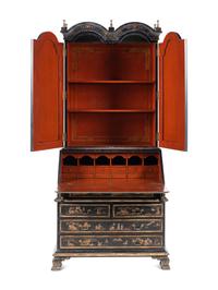 A George II Style Black and Gilt-Japanned Bureau Bookcase
