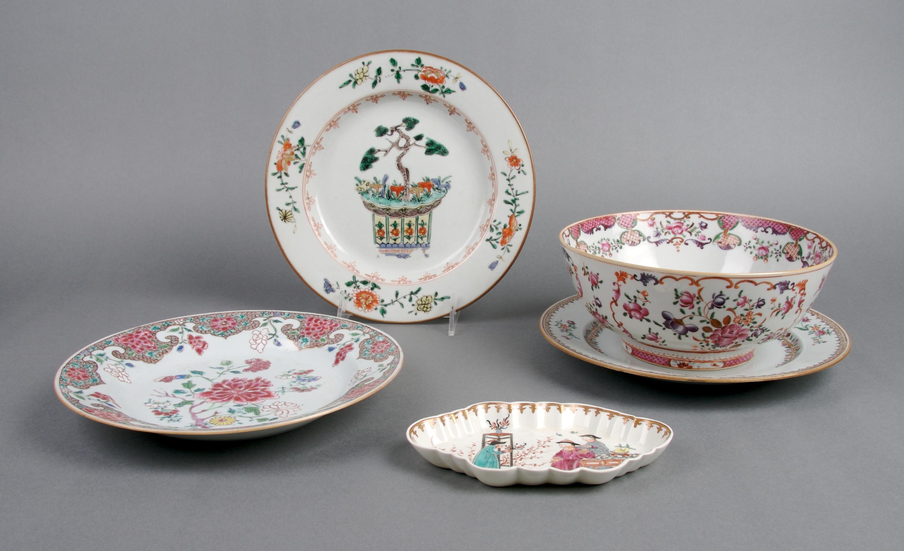 A Collection of Four English Articles, attributed to Lowestoft, Diameter of first 7 5/8 inches.