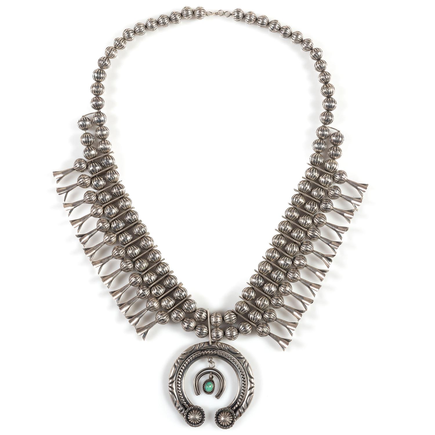 Navajo Sterling Silver and Turquoise Squash Blossom Necklace