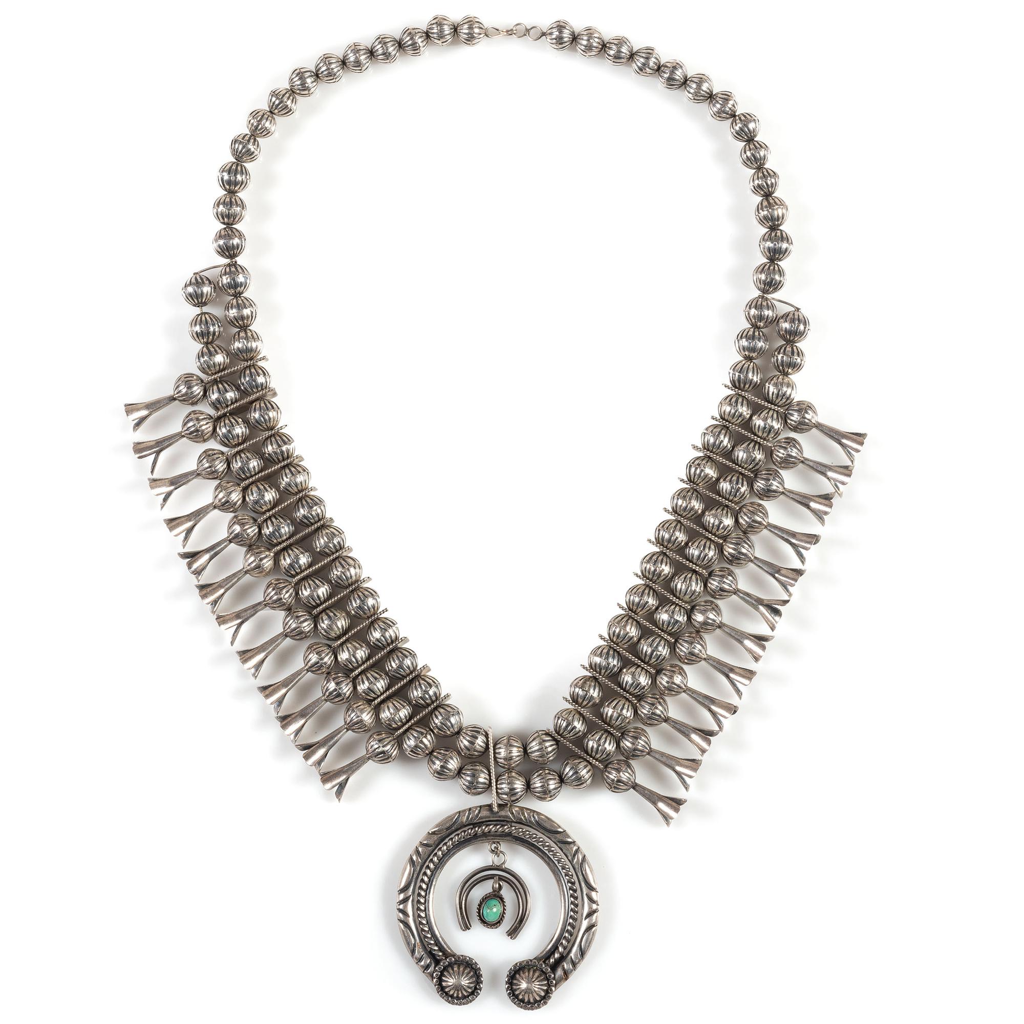Navajo Sterling Silver and Turquoise Squash Blossom Necklace