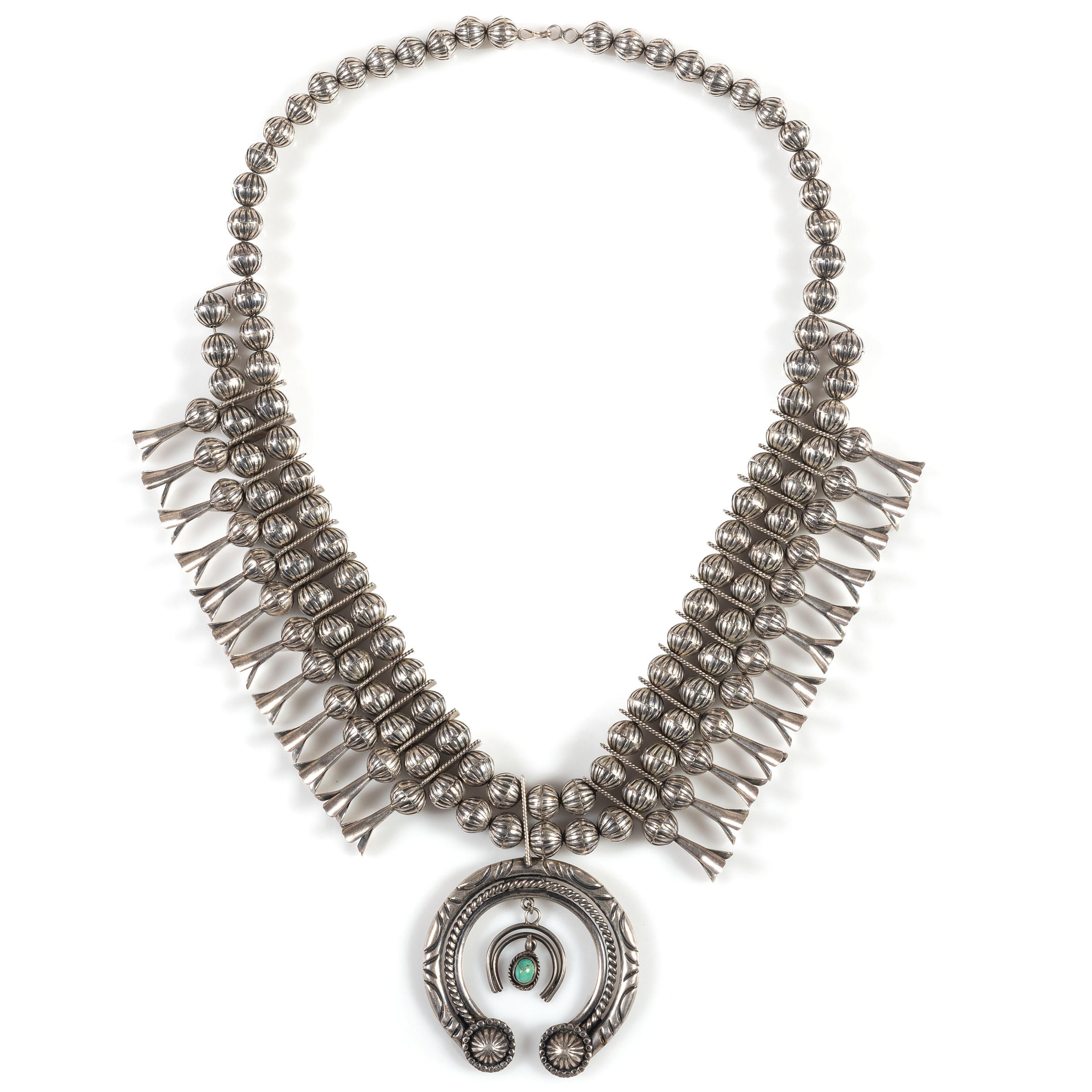 Navajo Sterling Silver and Turquoise Squash Blossom Necklace