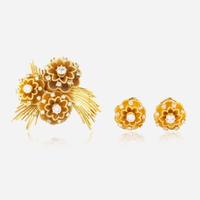 A Matching Set of 14K Yellow Gold and Diamond Earrings and Brooch
