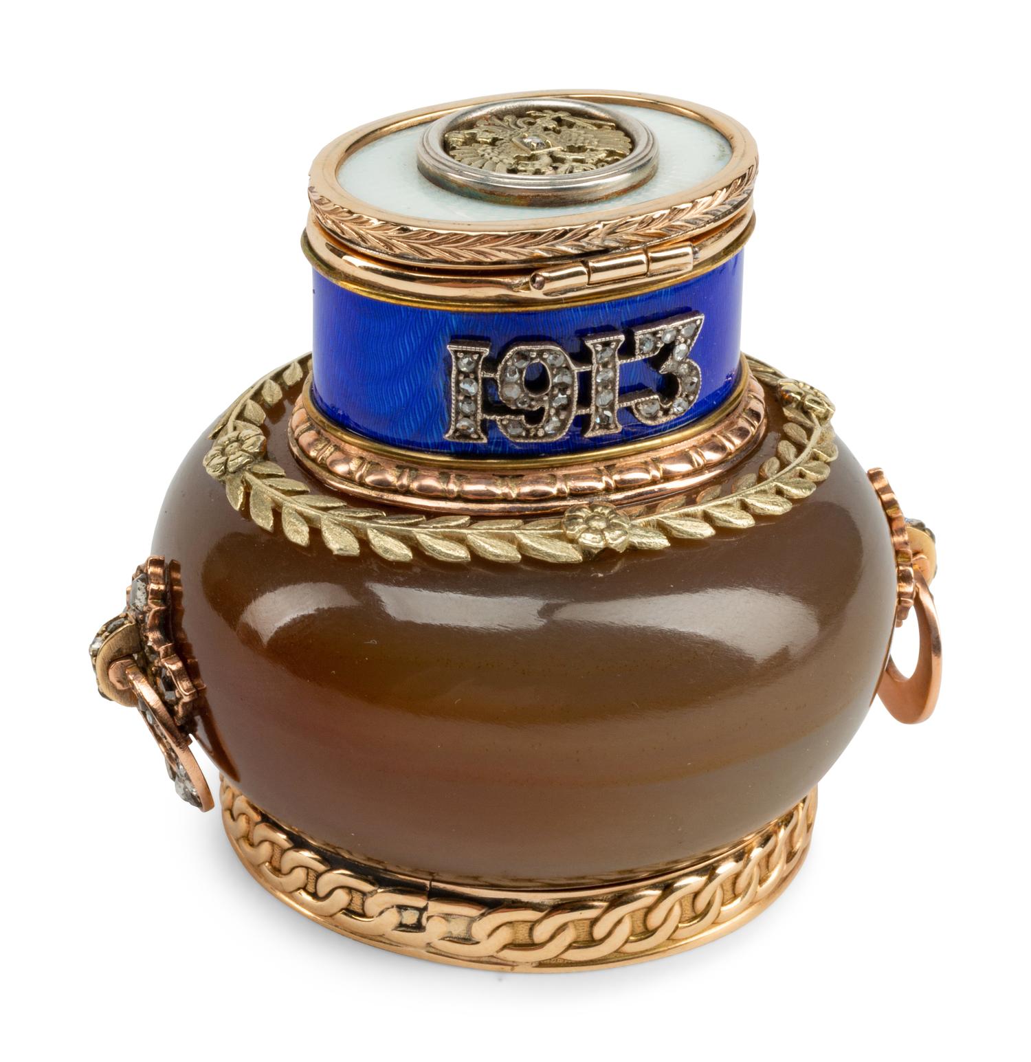 A Guilloché Enamel, Diamond and Vari-Color Gold Mounted Agate Scent Bottle