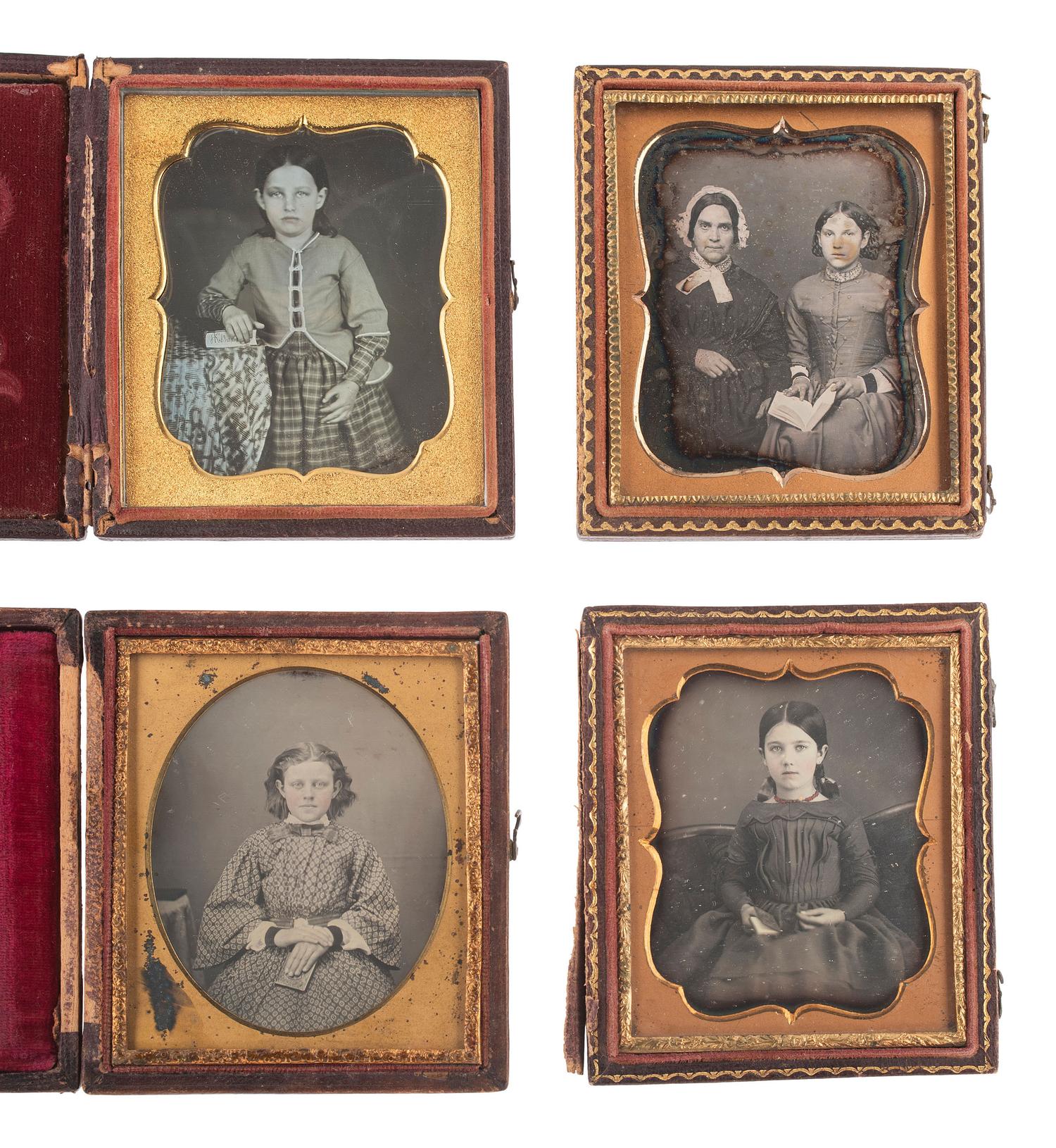 [EARLY PHOTOG] 16 sixth plate daguerreotypes of girls & young ladies posed with books & cased images