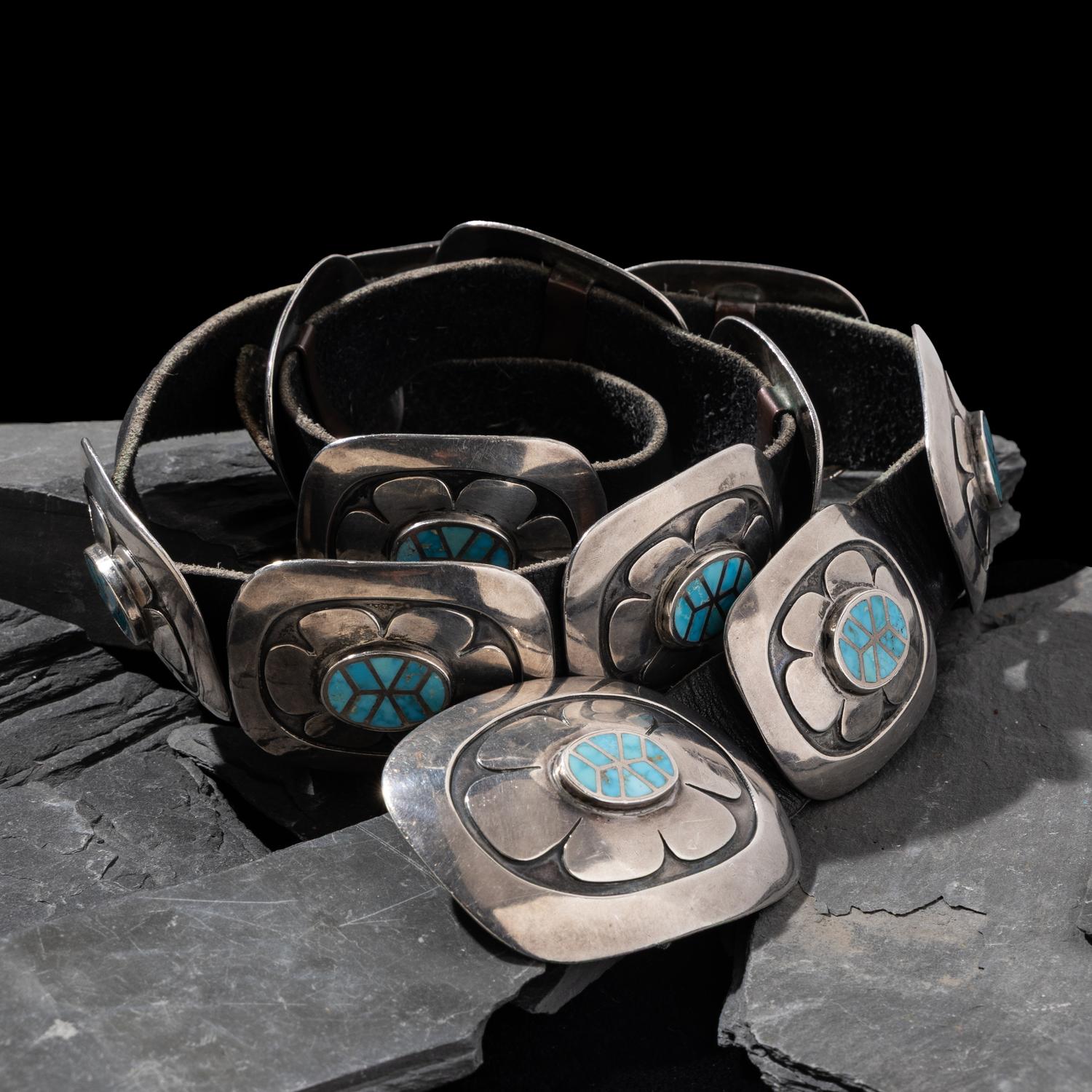 Southwestern Silver and Channel Inlay Turquoise Concha Belt