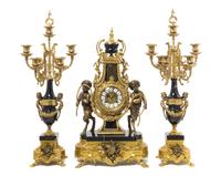A French Neoclassical Gilt Bronze and Marble Clock Garniture LATE 20TH CENTURY Height of clock 24 1/2 inches. — LATE 20TH CENTURY