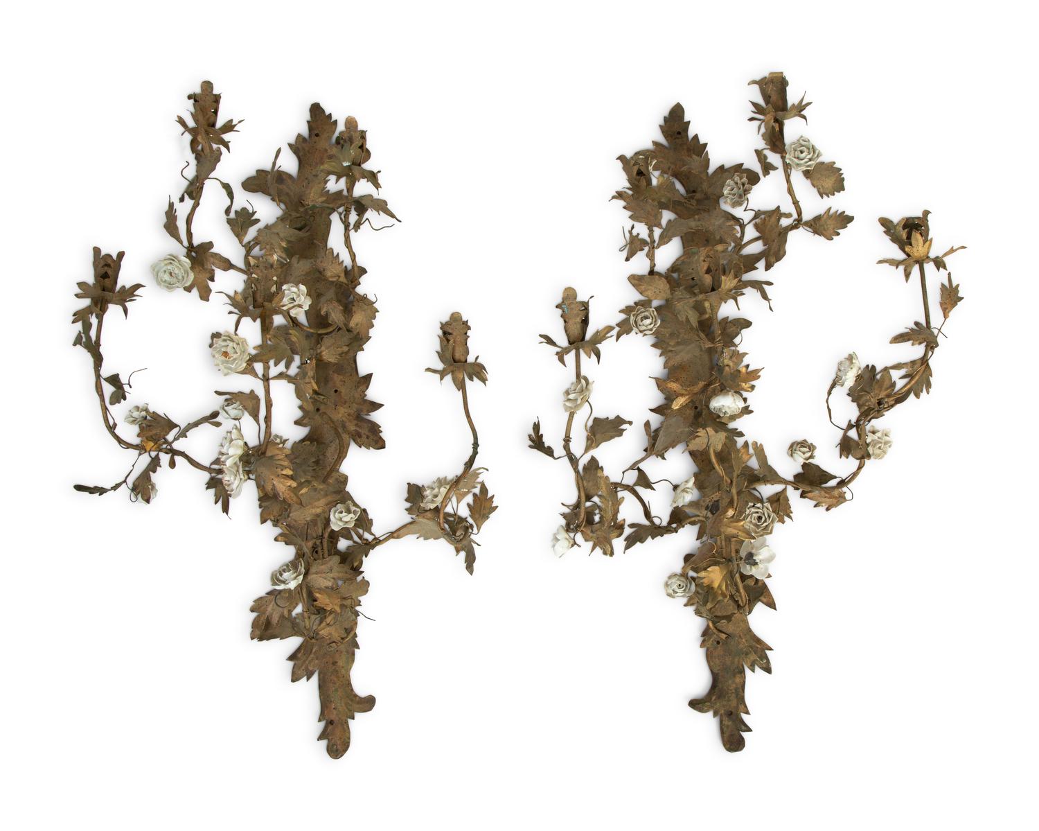 A Pair of French White Porcelain Floral Mounted Six-Light Tole Wall Sconces — 20TH CENTURY