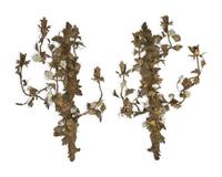 A Pair of French White Porcelain Floral Mounted Six-Light Tole Wall Sconces — 20TH CENTURY