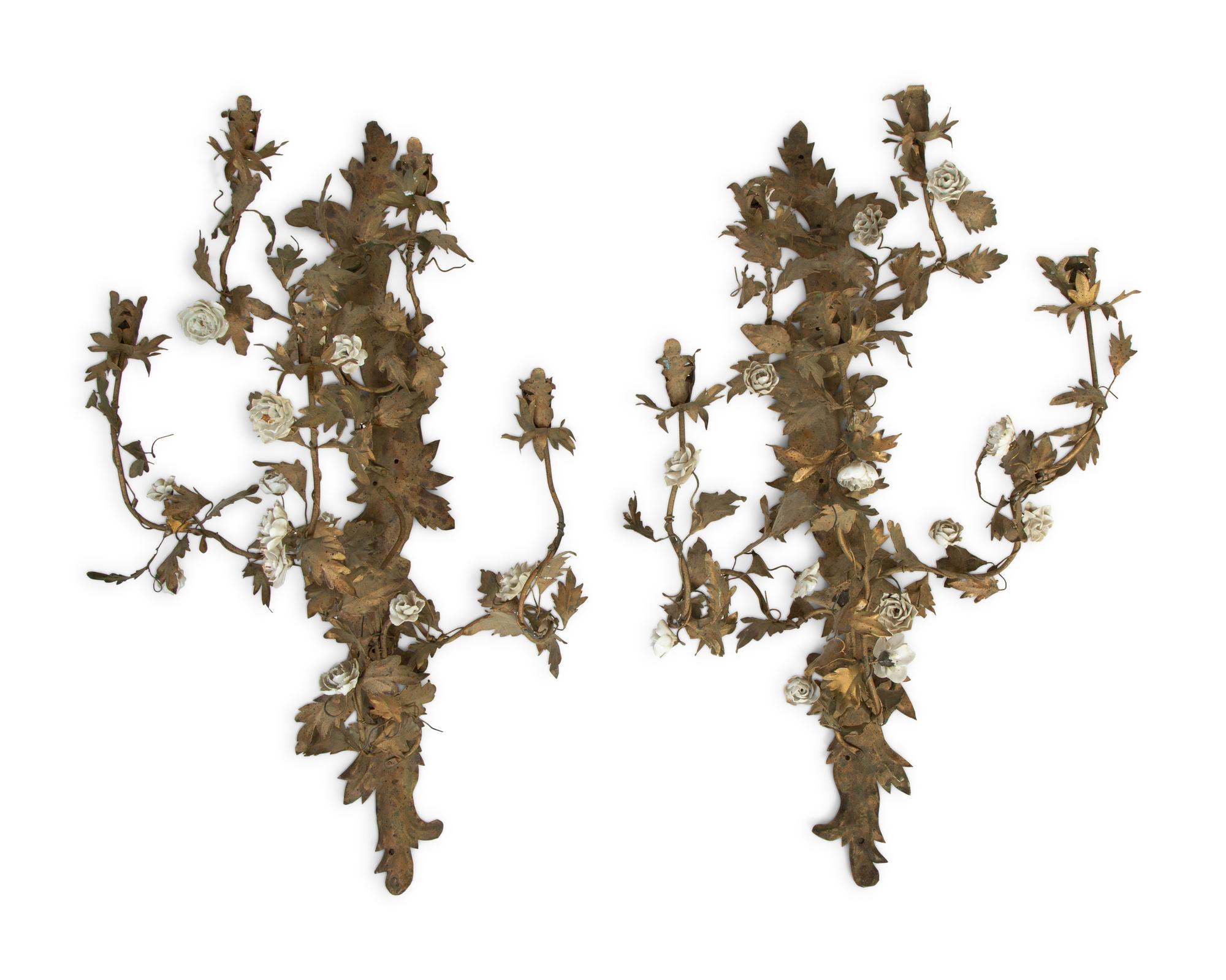 A Pair of French White Porcelain Floral Mounted Six-Light Tole Wall Sconces — 20TH CENTURY