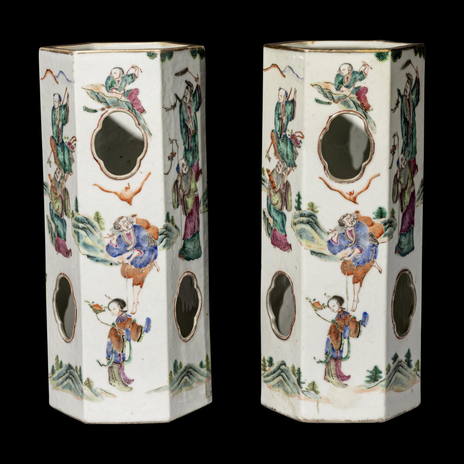 A Pair of Chinese Famille Rose Hexagonal Porcelain Hat Stands