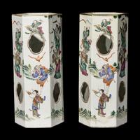 A Pair of Chinese Famille Rose Hexagonal Porcelain Hat Stands