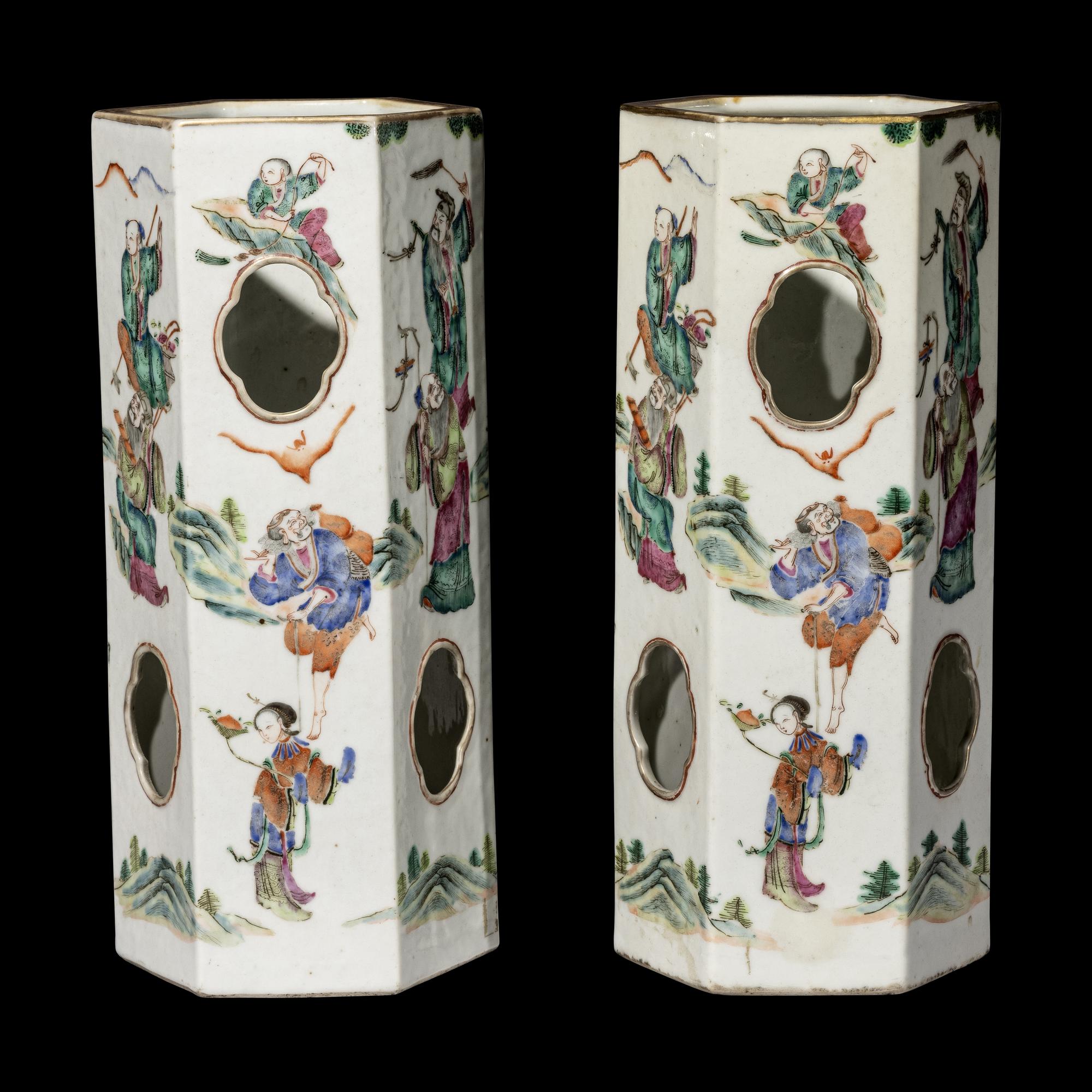 A Pair of Chinese Famille Rose Hexagonal Porcelain Hat Stands