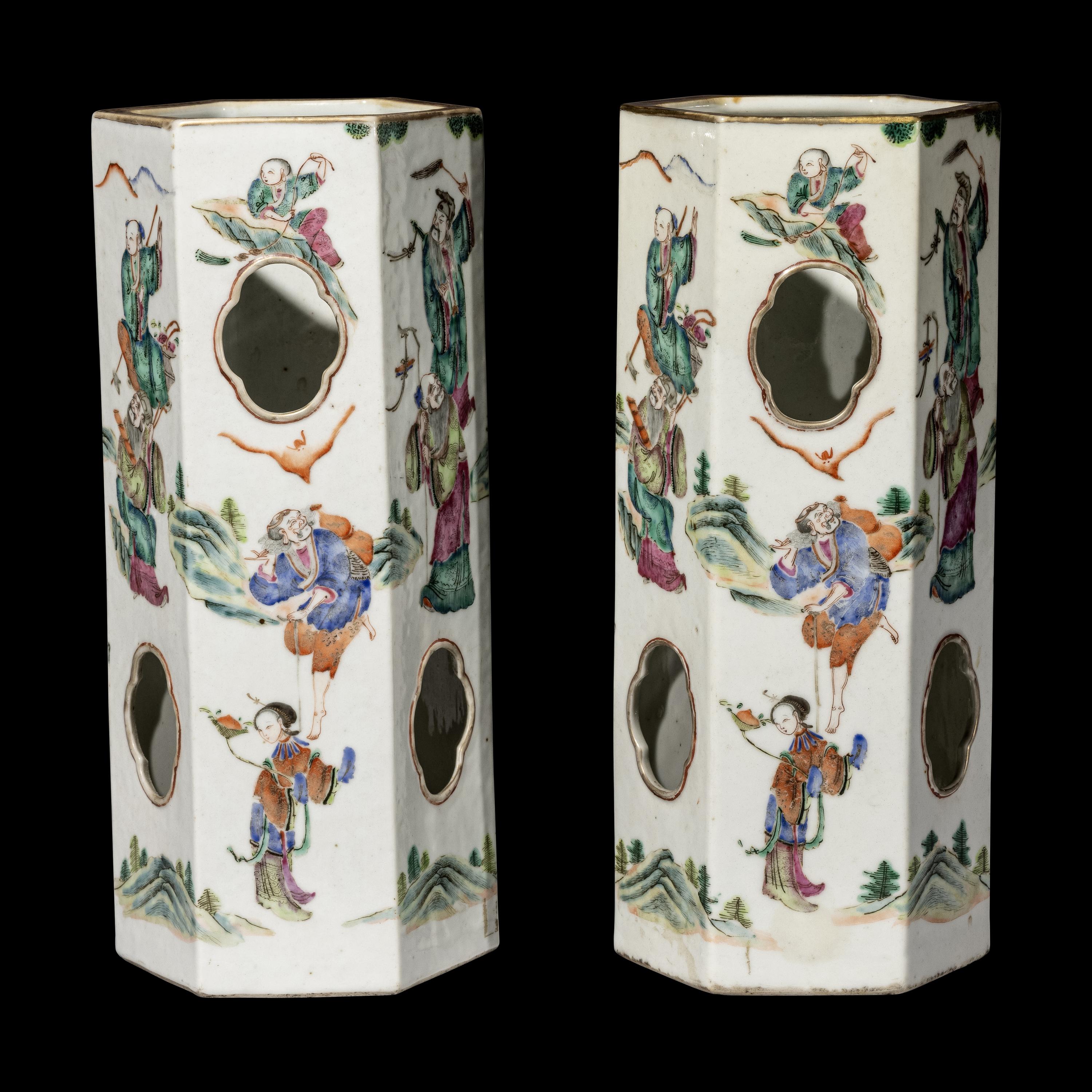 A Pair of Chinese Famille Rose Hexagonal Porcelain Hat Stands