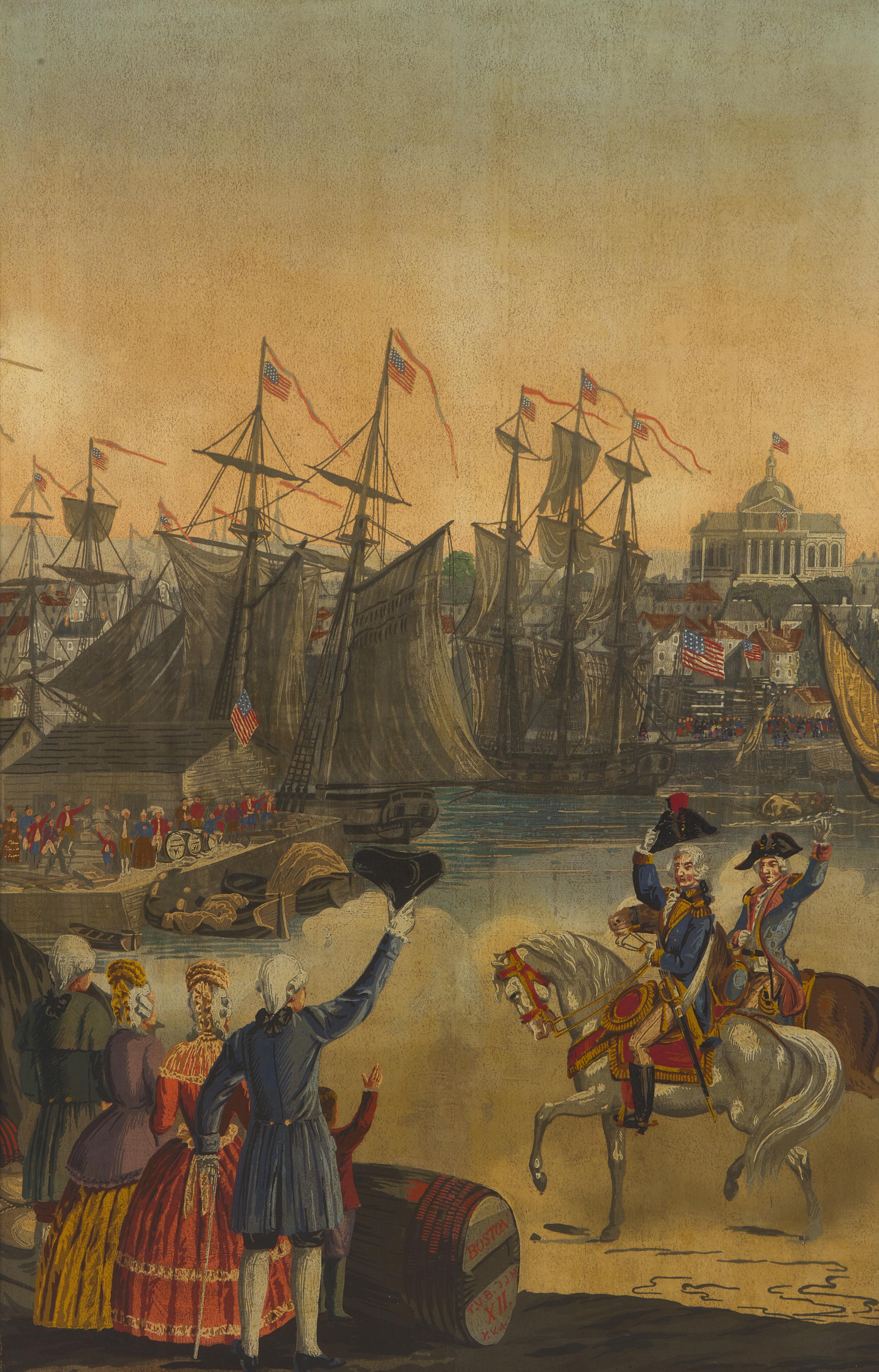 A Zuber & Cie Three-Panel Wallpaper "Vues D'Amerique du Nord" Depicting Boston Harbor