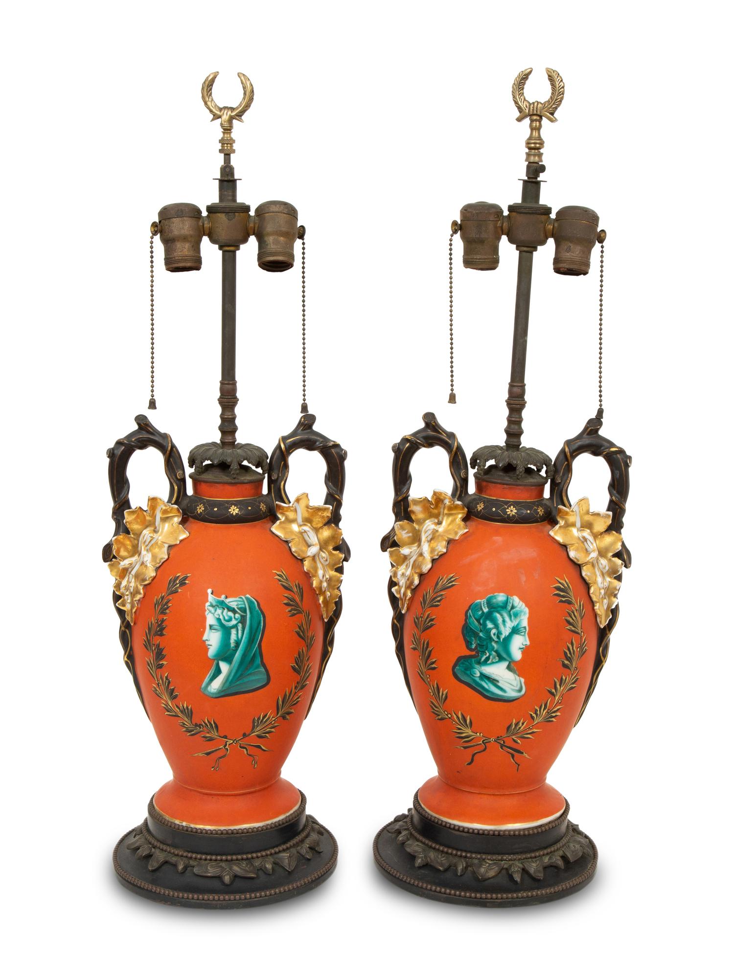 A Pair of French Painted Glass Vases Mounted as Lamps